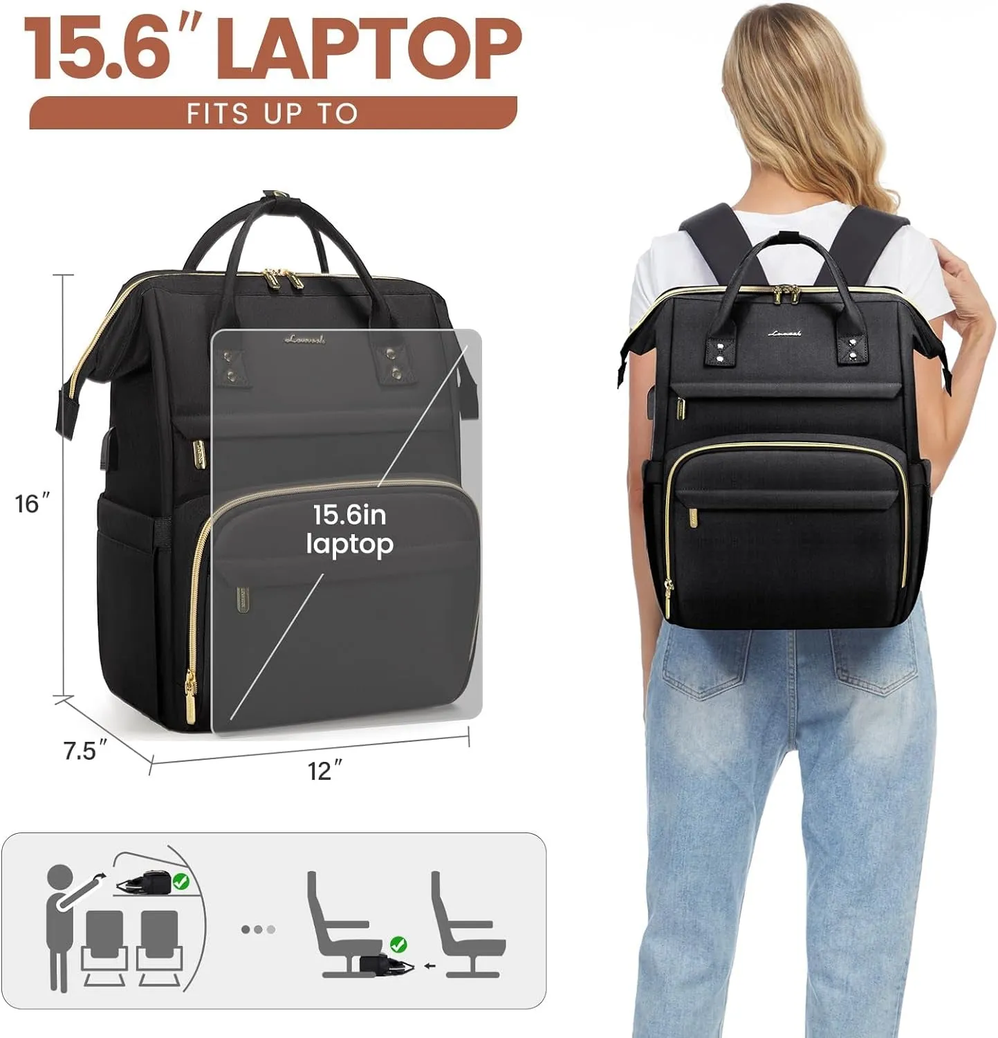 15.6 Inch Travel Laptop Backpack for Women with USB Port
