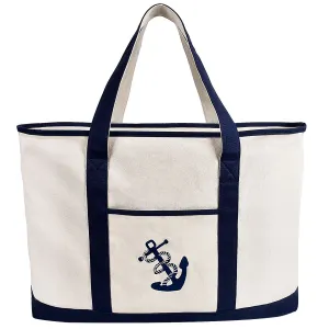 25" Extra Large Canvas Tote Bag Heavy Duty Roomy Zipper Grocery Shopping Carry Beach Boat Bag Handbag with Embroidered Anchor - Beige