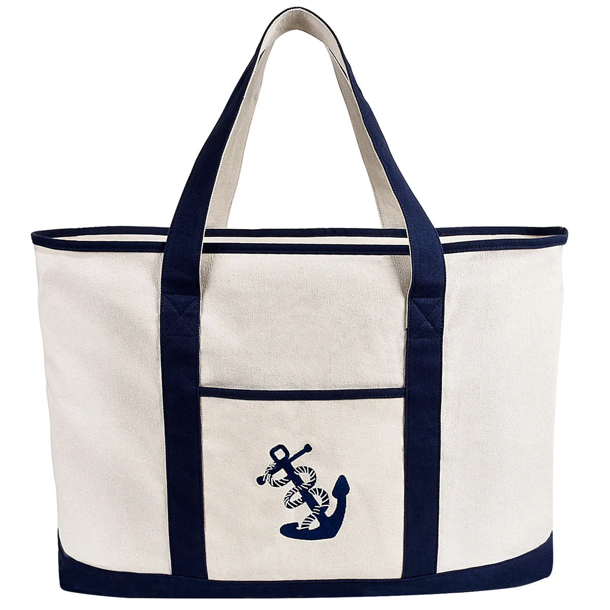 25" Extra Large Canvas Tote Bag Heavy Duty Roomy Zipper Grocery Shopping Carry Beach Boat Bag Handbag with Embroidered Anchor - Beige