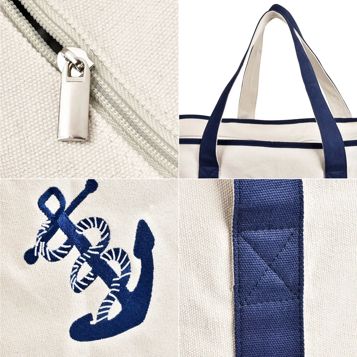 25" Extra Large Canvas Tote Bag Heavy Duty Roomy Zipper Grocery Shopping Carry Beach Boat Bag Handbag with Embroidered Anchor - Beige
