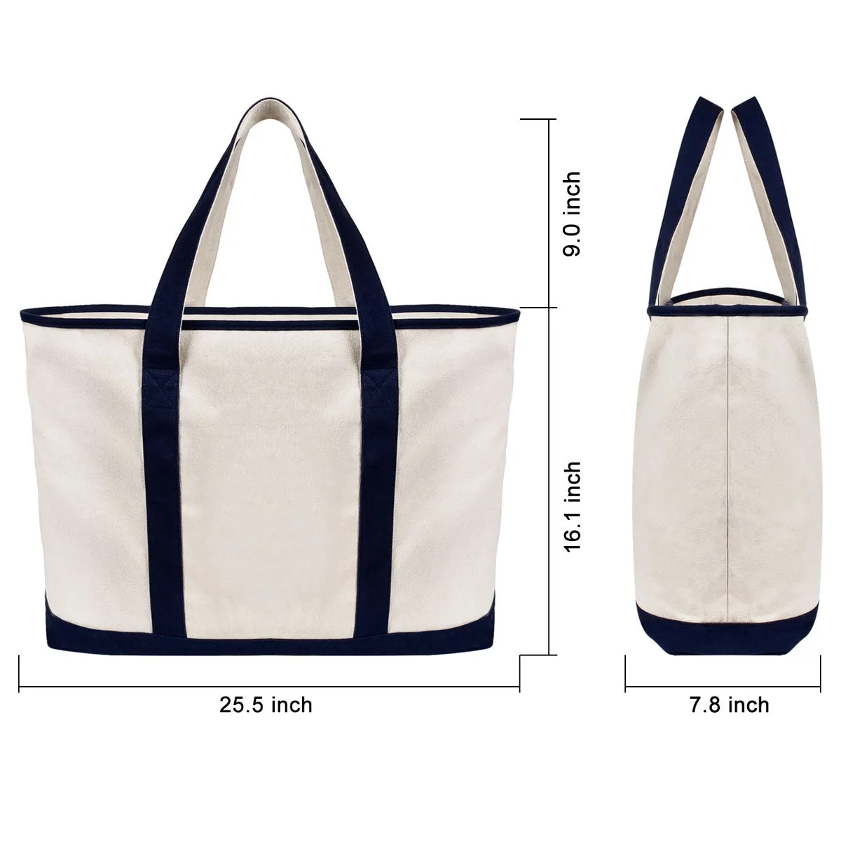 25" Extra Large Canvas Tote Bag Heavy Duty Roomy Zipper Grocery Shopping Carry Beach Boat Bag Handbag with Embroidered Anchor - Beige