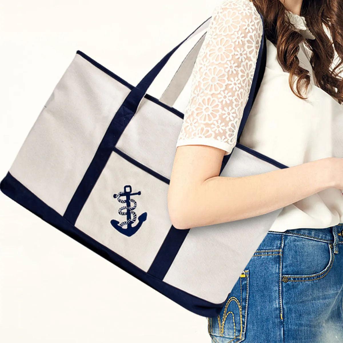25" Extra Large Canvas Tote Bag Heavy Duty Roomy Zipper Grocery Shopping Carry Beach Boat Bag Handbag with Embroidered Anchor - Beige