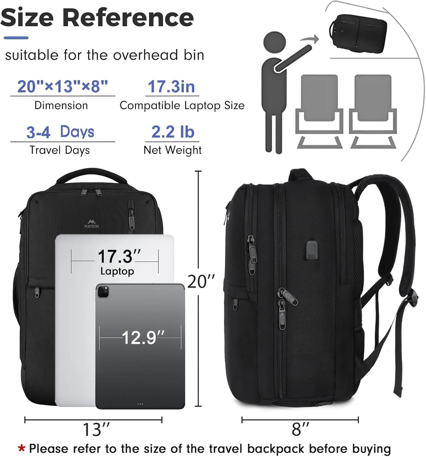 40L Carry on Travel Backpack with 17" Laptop Compartment & USB Port