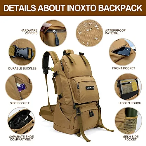 40L Hiking Backpack with Waterproof Rain Cover, Khaki, Unisex