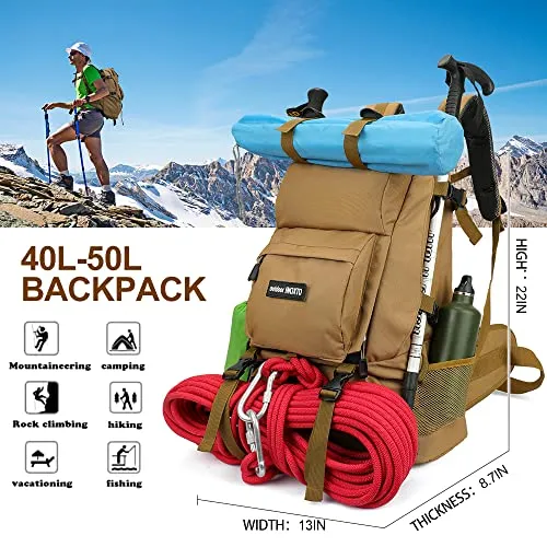 40L Hiking Backpack with Waterproof Rain Cover, Khaki, Unisex