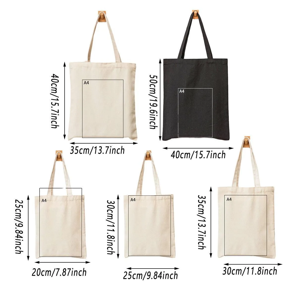 5PCS Canvas Tote Bag Cotton Blank DIY Shopping Shoulder Bags