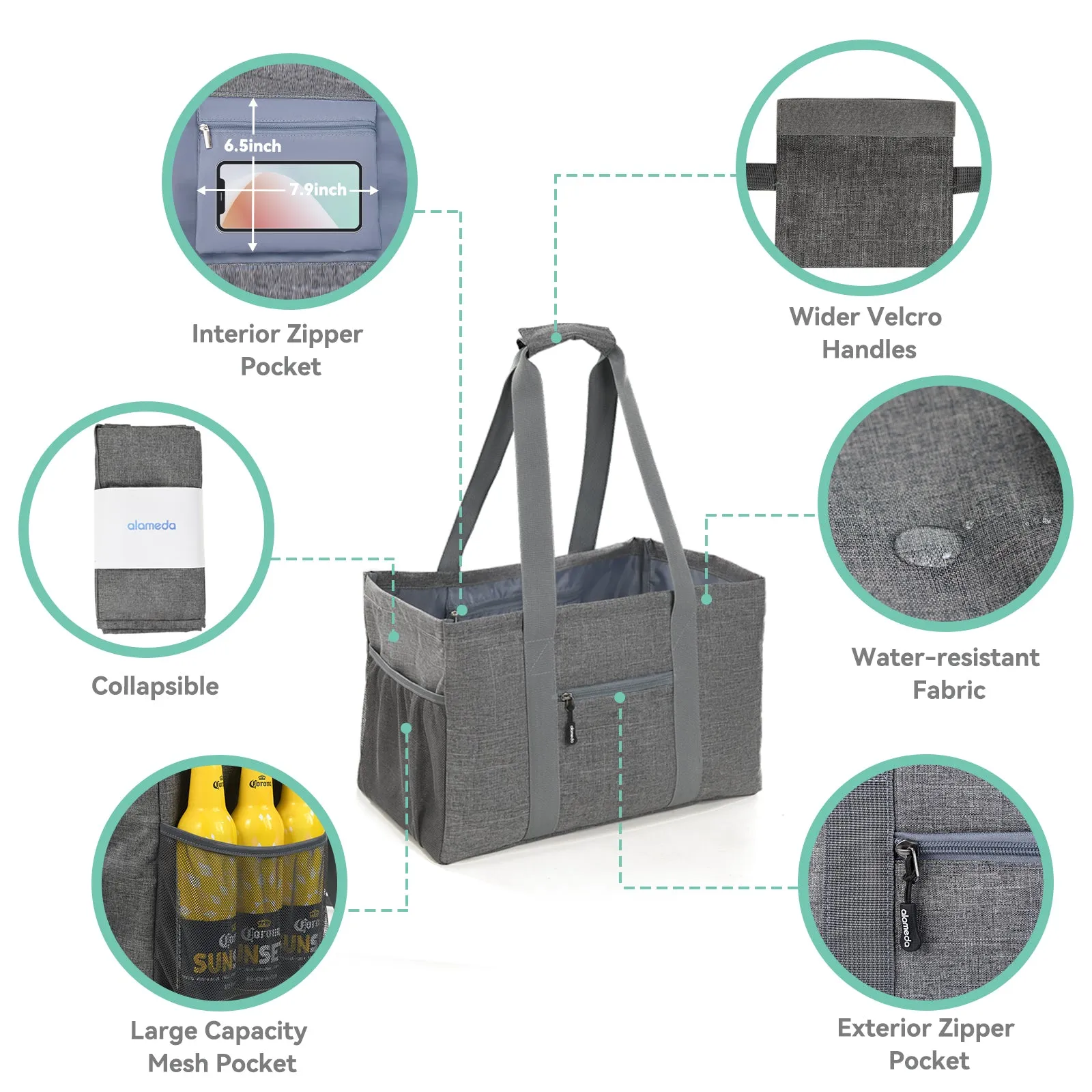 Alameda Large Reusable Grocery Bags with Pocket: Foldable Shopping Bag with Long Handles, Washable Canvas Tote Bags, Heavy Duty, Water Resistant, Durable, Gray