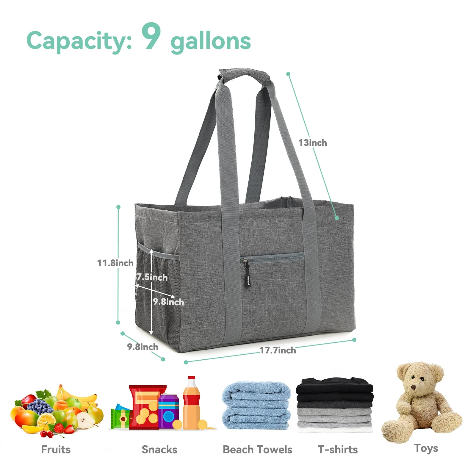 Alameda Large Reusable Grocery Bags with Pocket: Foldable Shopping Bag with Long Handles, Washable Canvas Tote Bags, Heavy Duty, Water Resistant, Durable, Gray