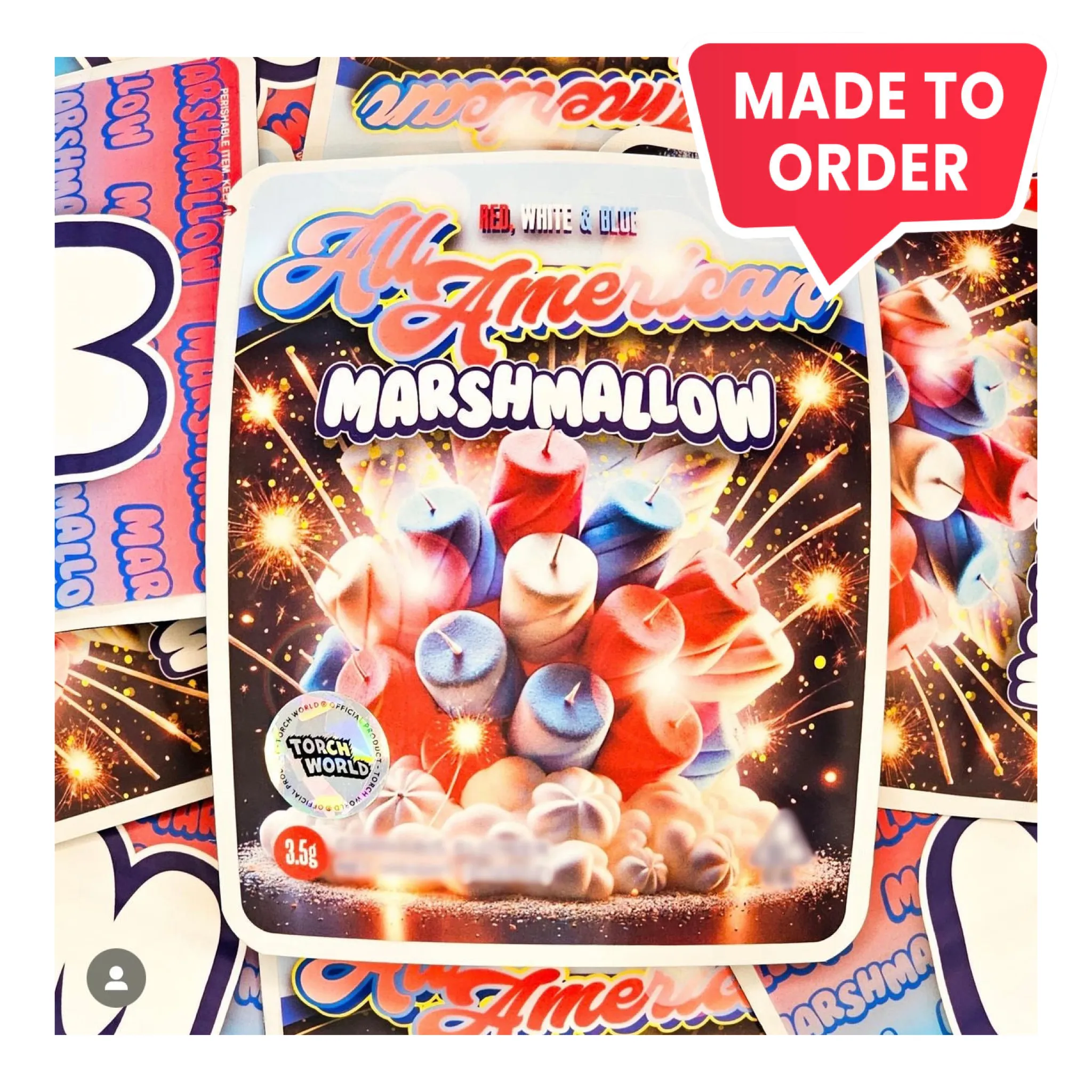 All American Marshmallow 3.5g Mylar Bags Sprinklez Torch World (made-to-order)