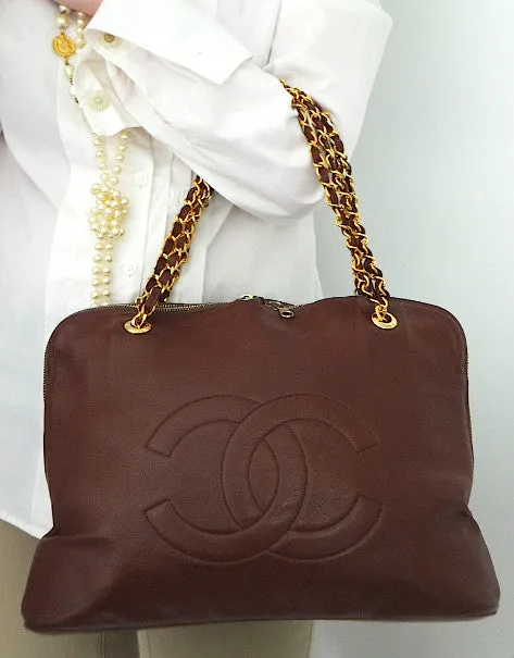 Authentic Chanel Vintage Whiskey Brown Caviar Large Shopper Tote