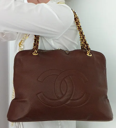 Authentic Chanel Vintage Whiskey Brown Caviar Large Shopper Tote
