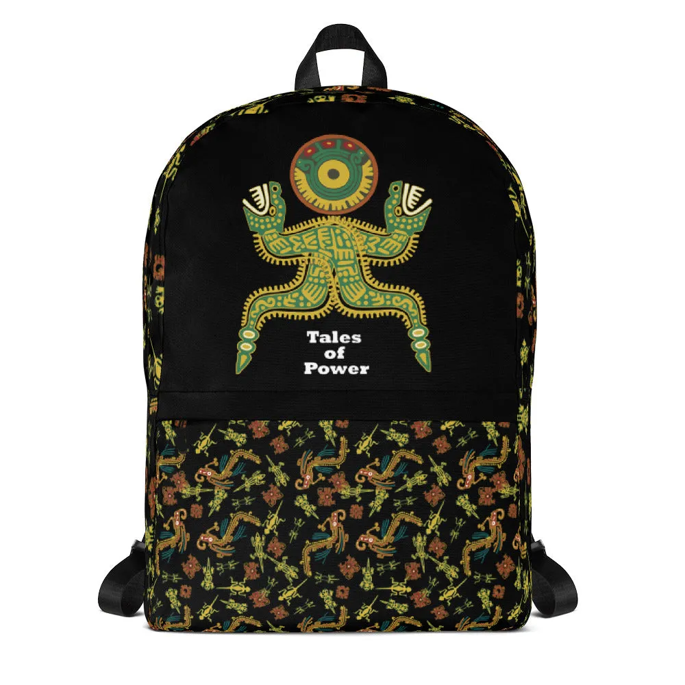 Backpack featuring pre-Columbian illustrations from Mexico.