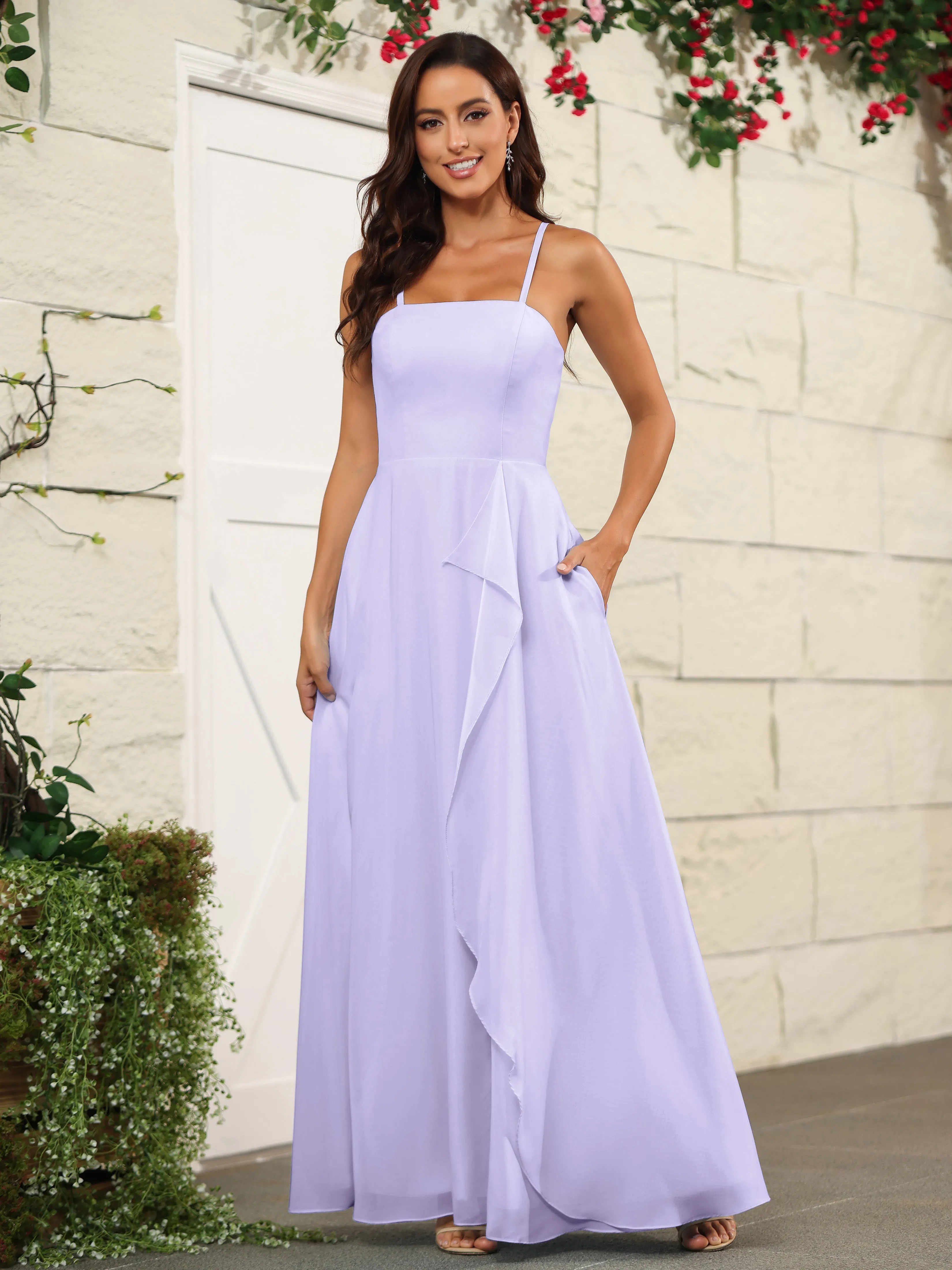 Beautiful Chiffon Spaghetti Straps Bridesmaid Dress with Pockets