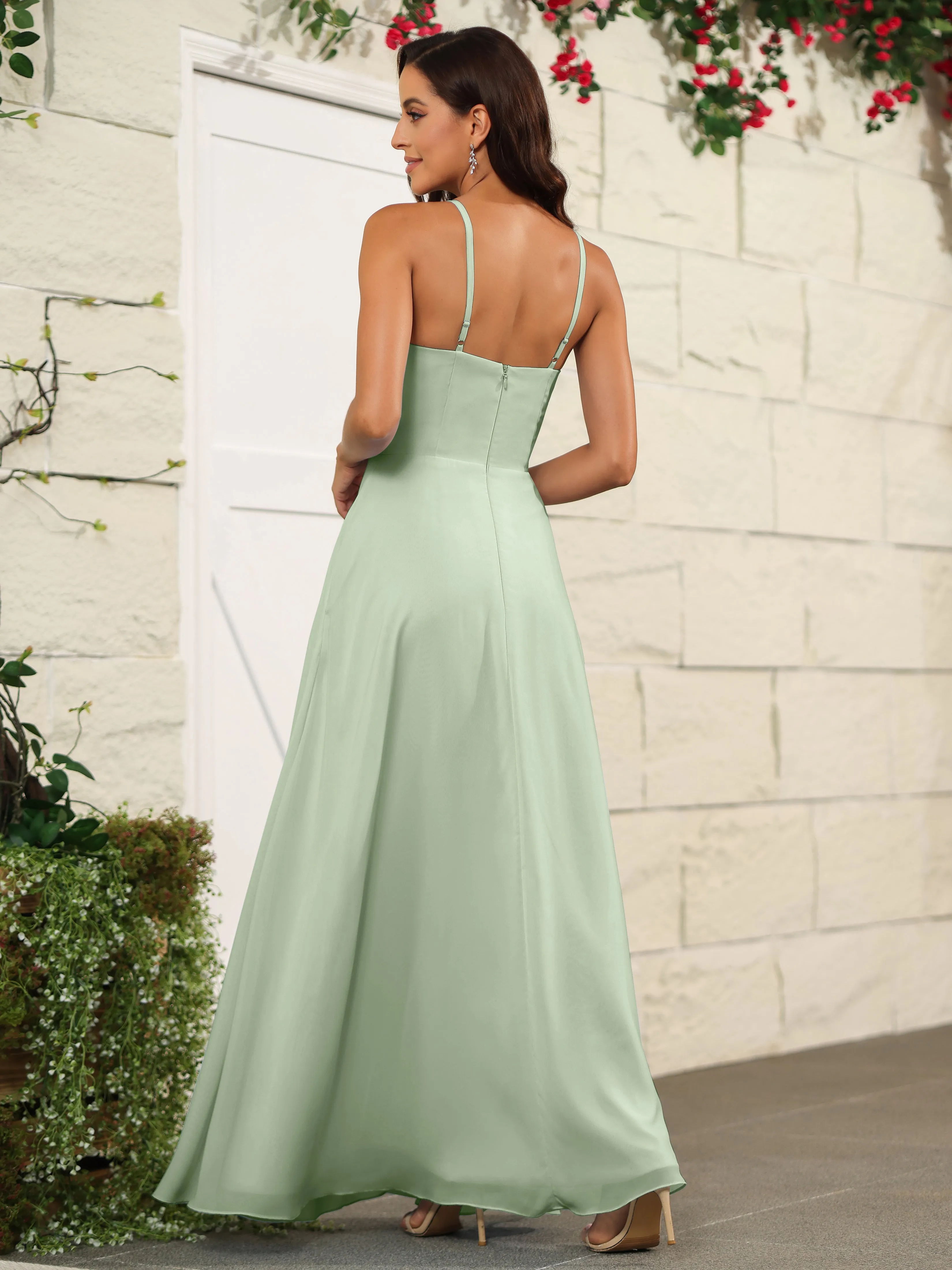 Beautiful Chiffon Spaghetti Straps Bridesmaid Dress with Pockets