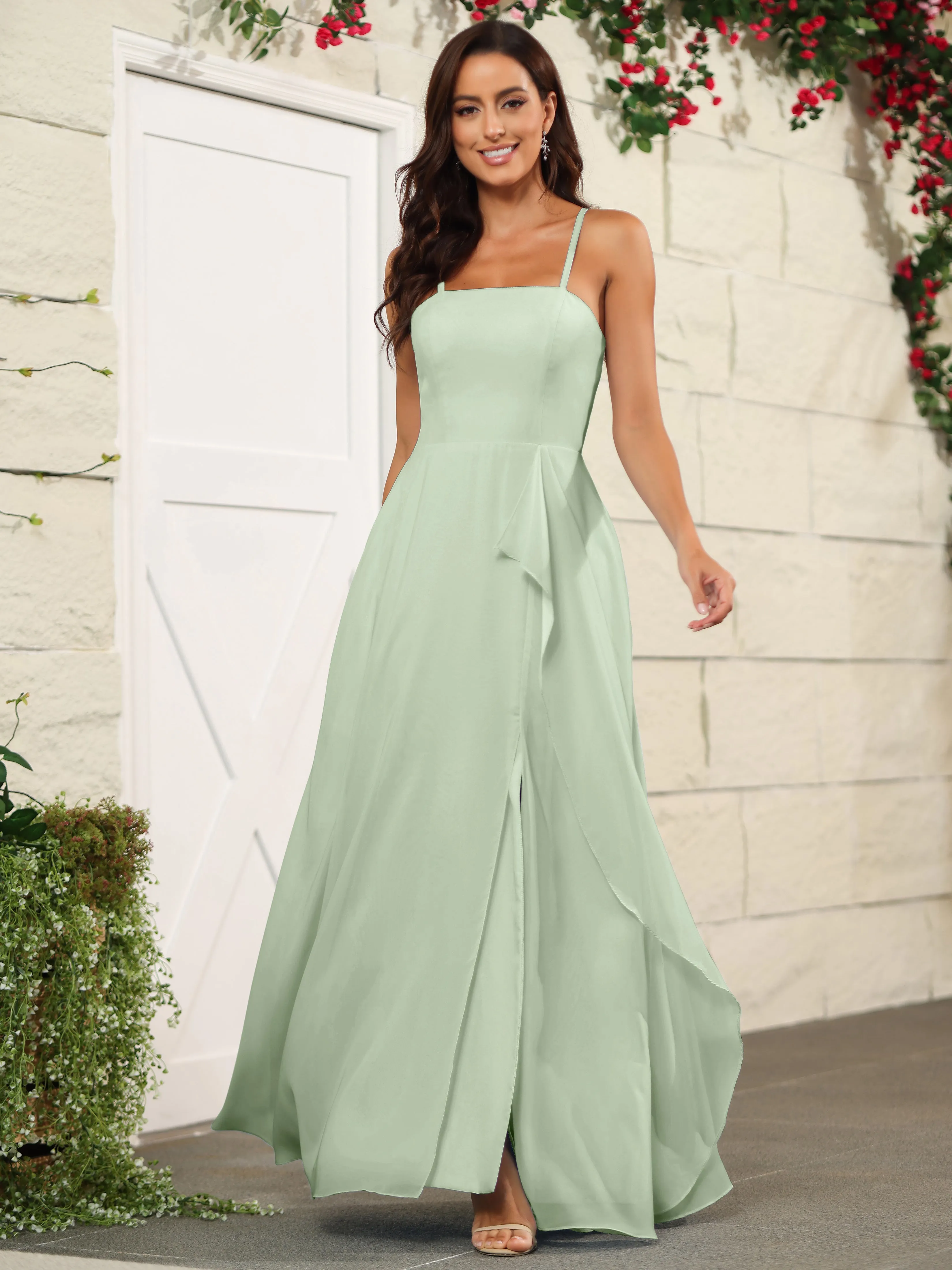 Beautiful Chiffon Spaghetti Straps Bridesmaid Dress with Pockets