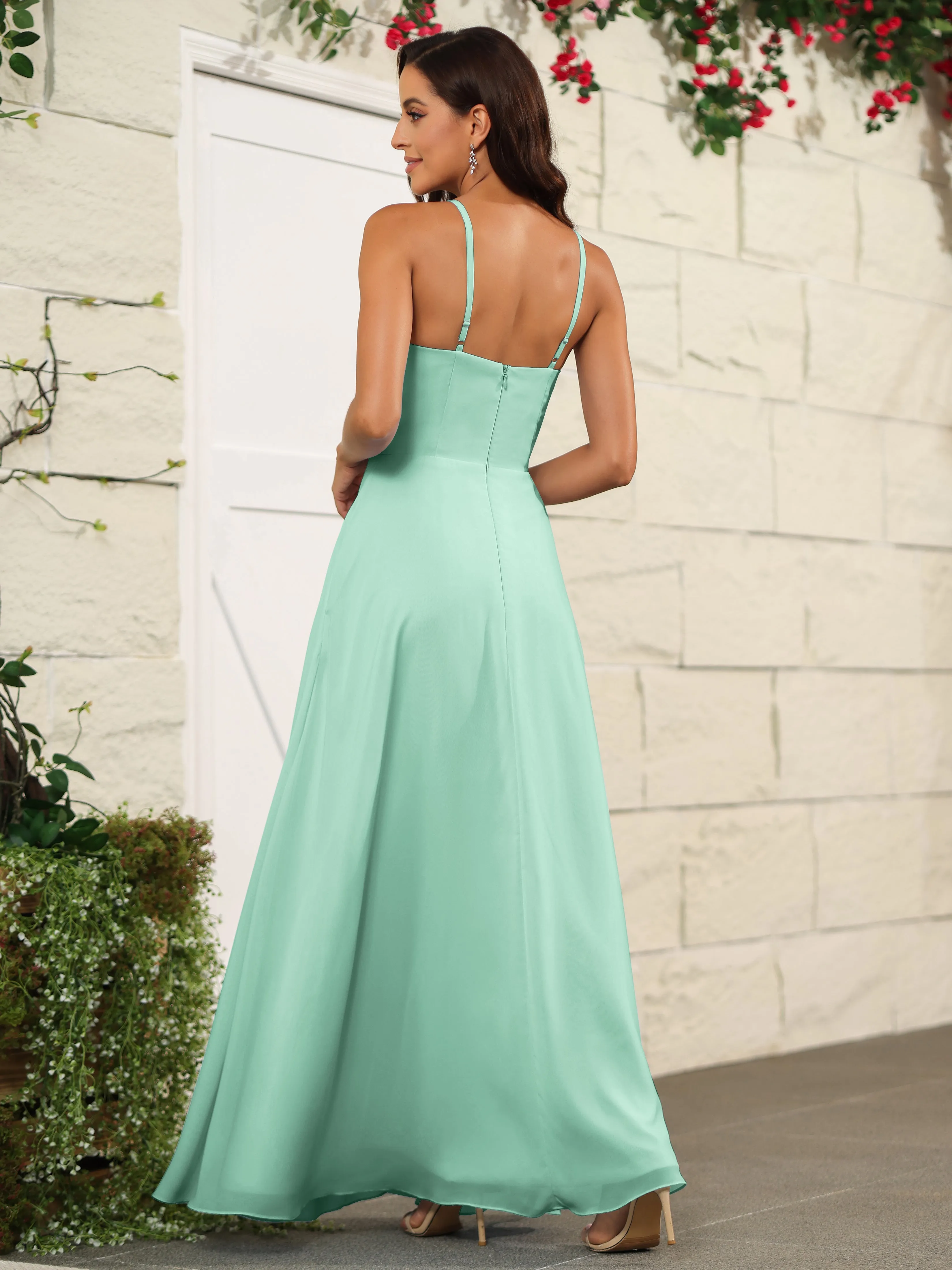 Beautiful Chiffon Spaghetti Straps Bridesmaid Dress with Pockets