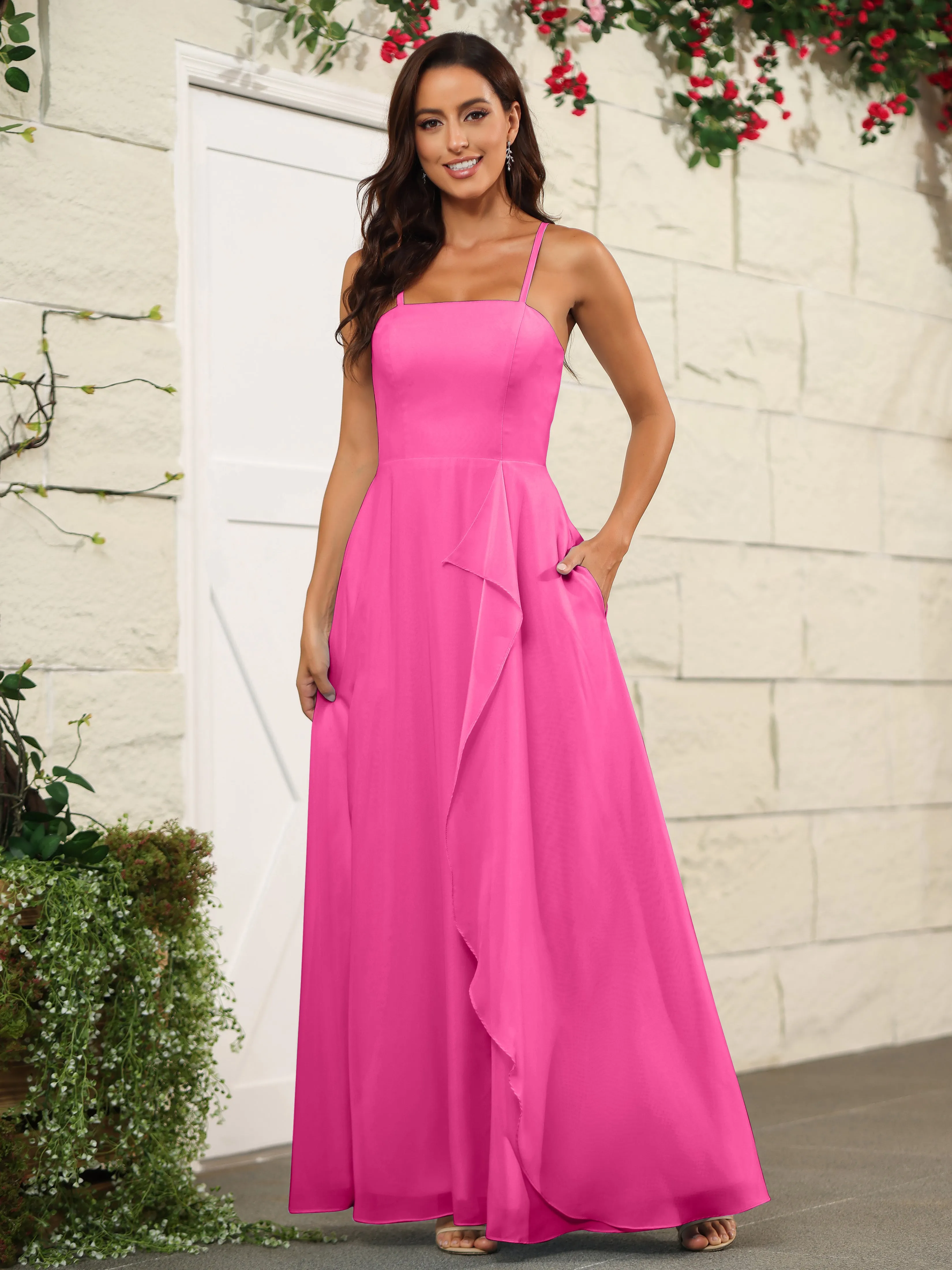 Beautiful Chiffon Spaghetti Straps Bridesmaid Dress with Pockets