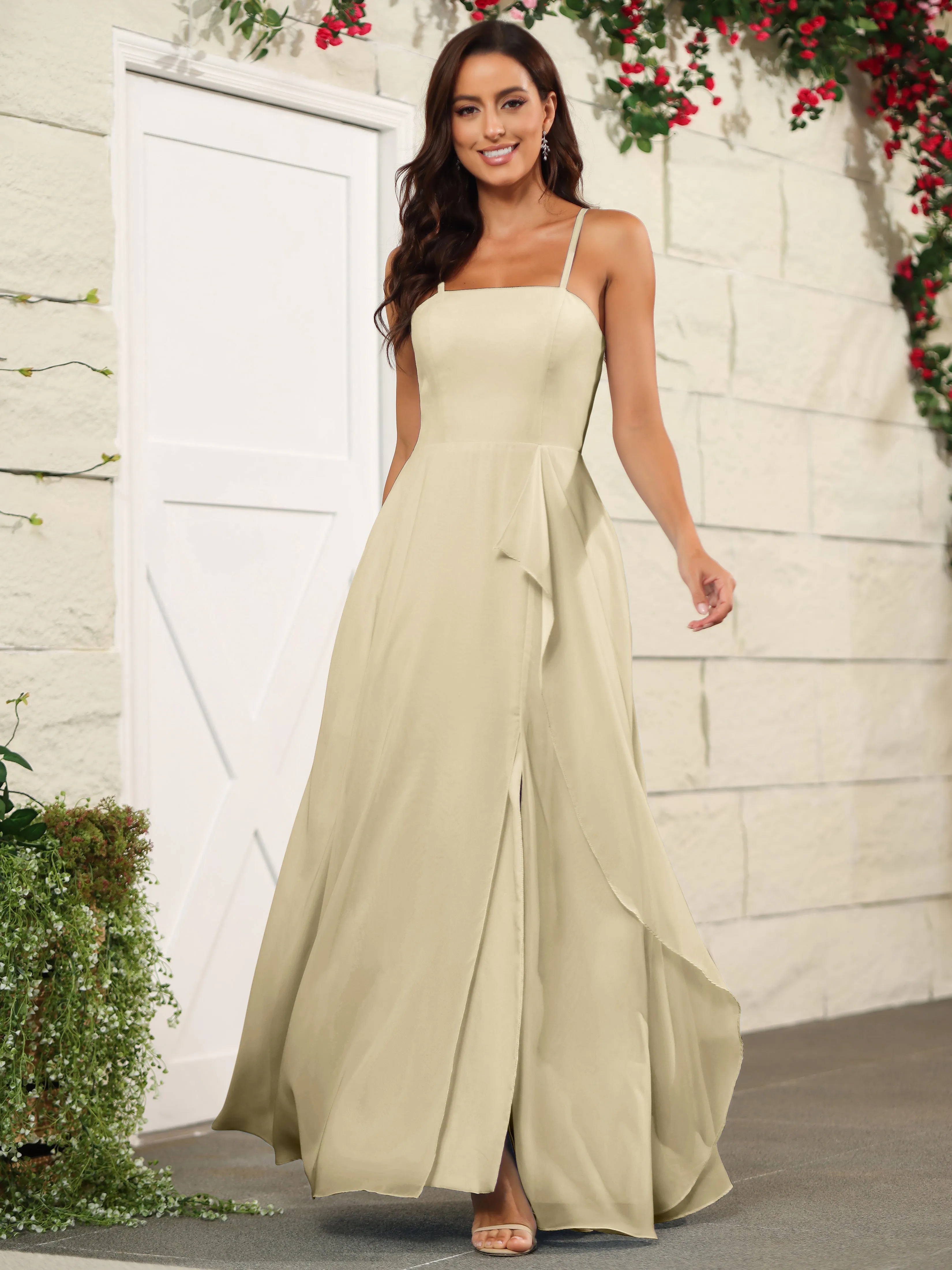 Beautiful Chiffon Spaghetti Straps Bridesmaid Dress with Pockets