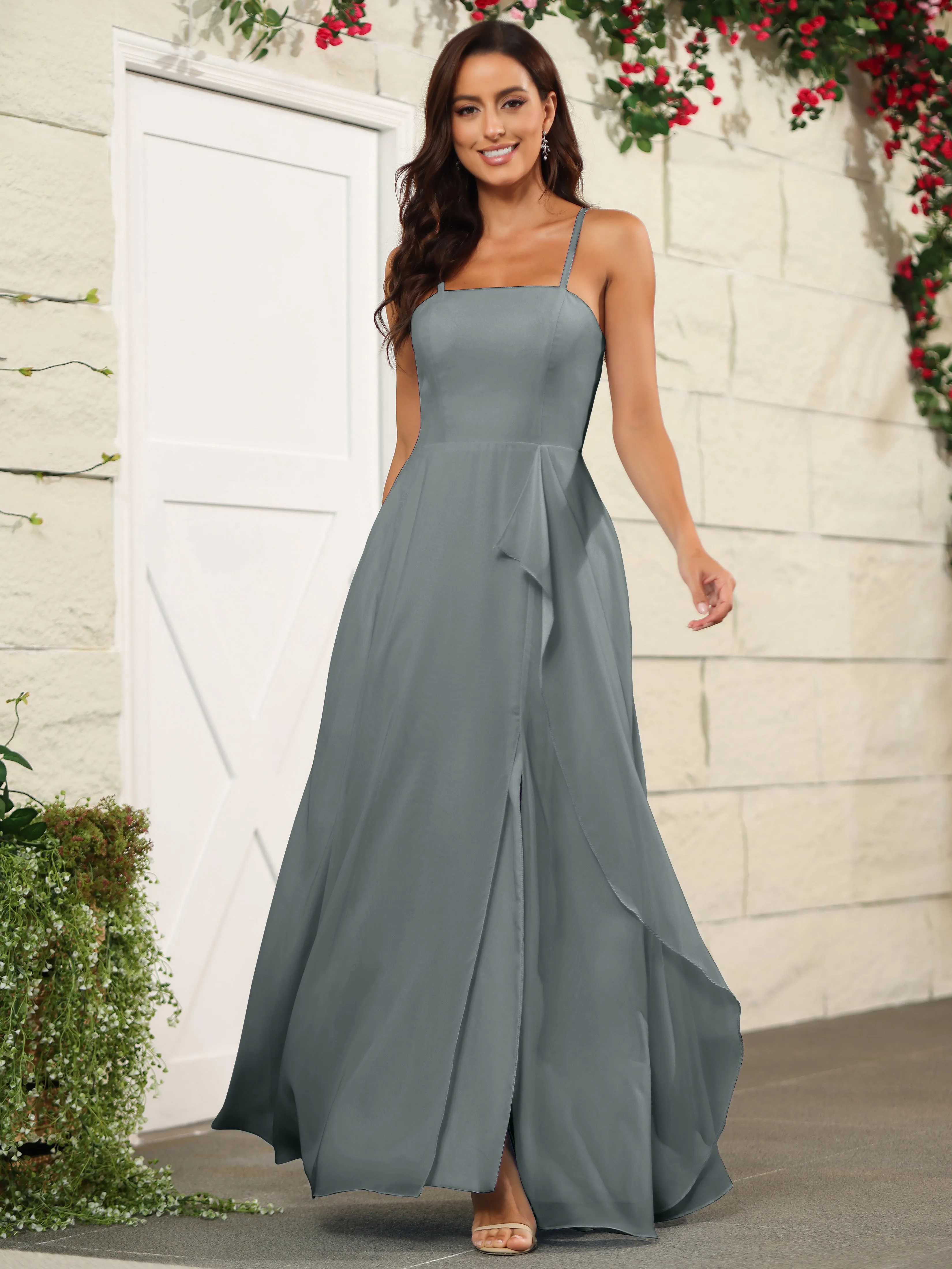 Beautiful Chiffon Spaghetti Straps Bridesmaid Dress with Pockets