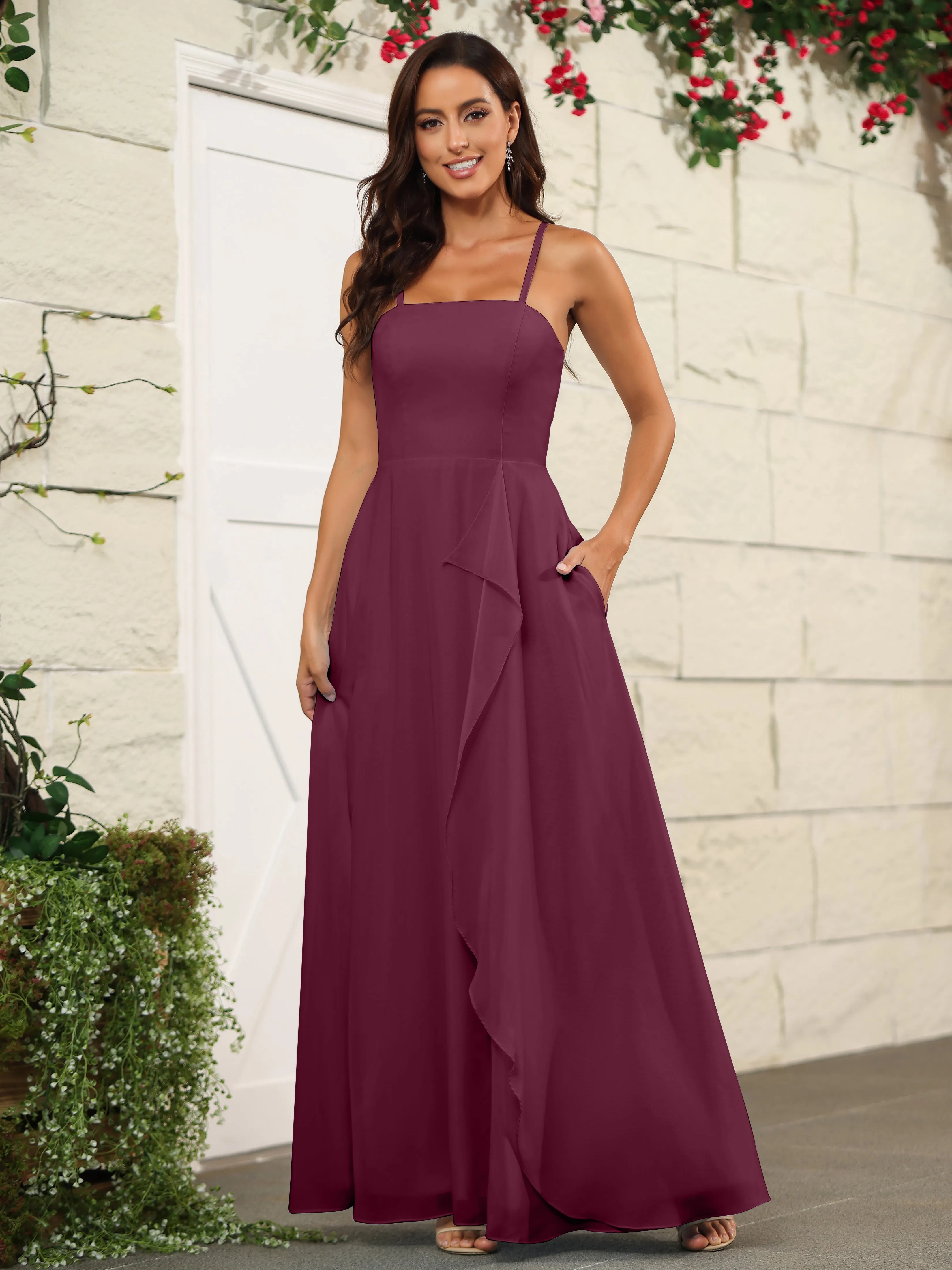 Beautiful Chiffon Spaghetti Straps Bridesmaid Dress with Pockets