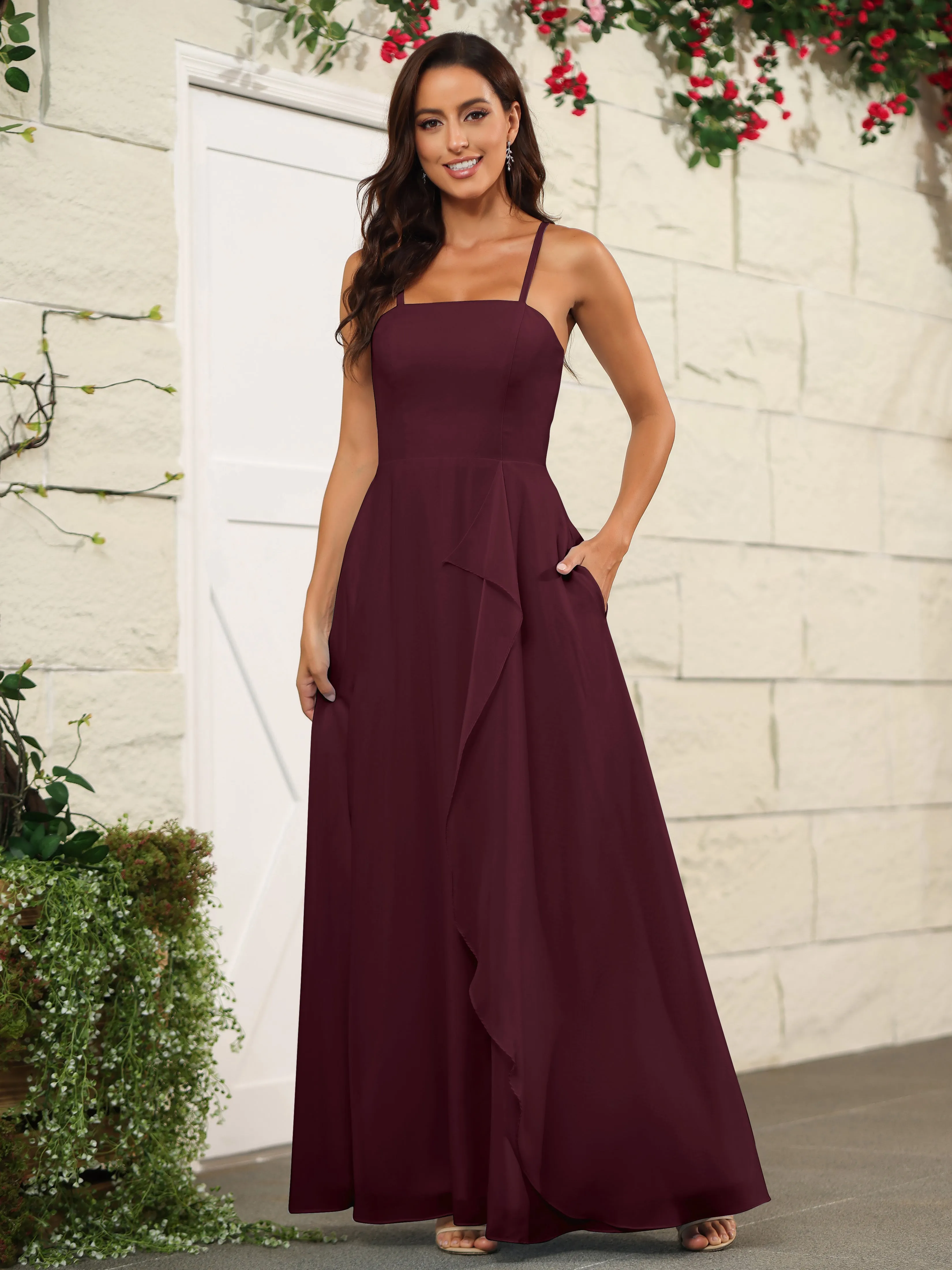 Beautiful Chiffon Spaghetti Straps Bridesmaid Dress with Pockets