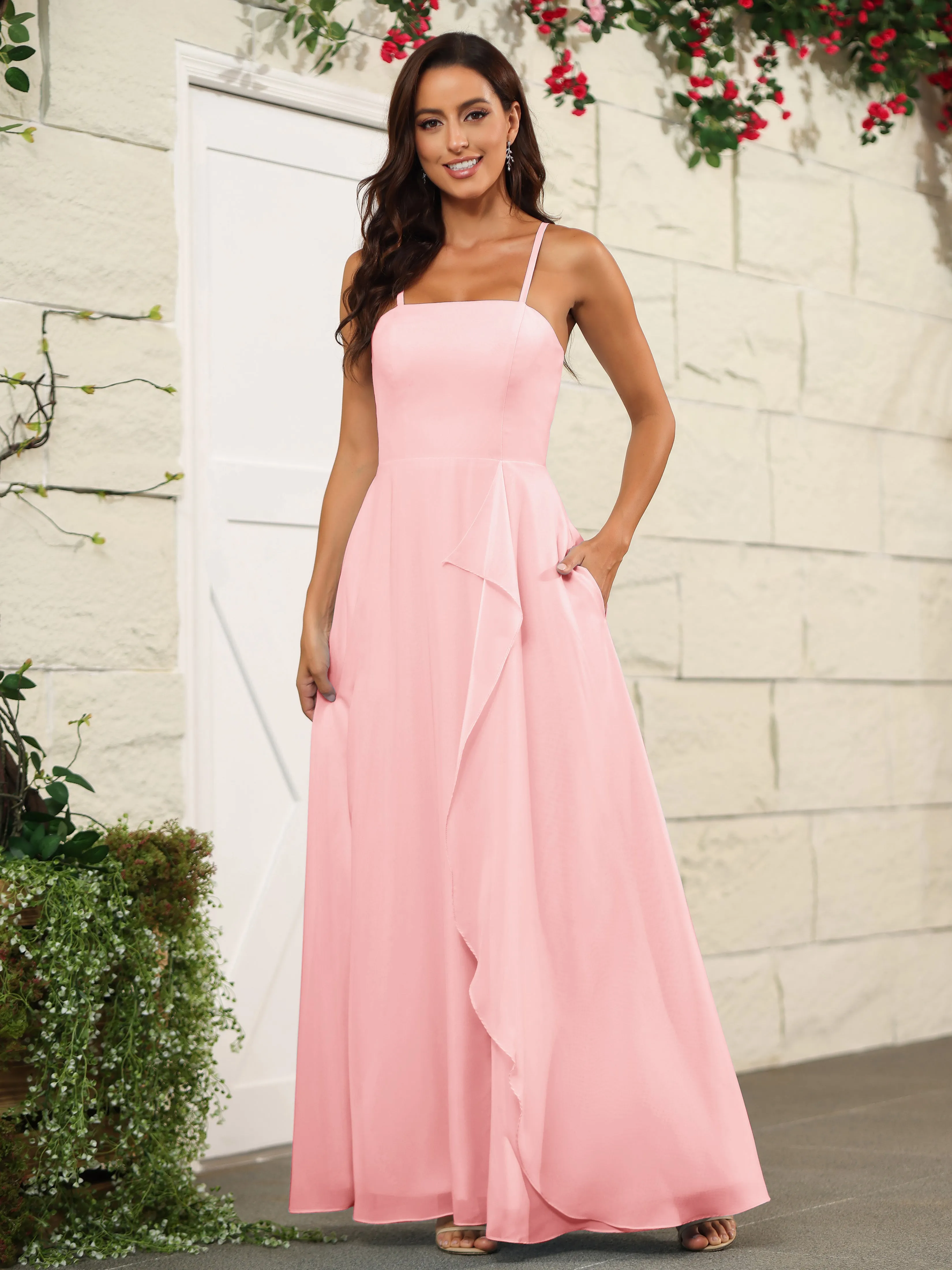 Beautiful Chiffon Spaghetti Straps Bridesmaid Dress with Pockets