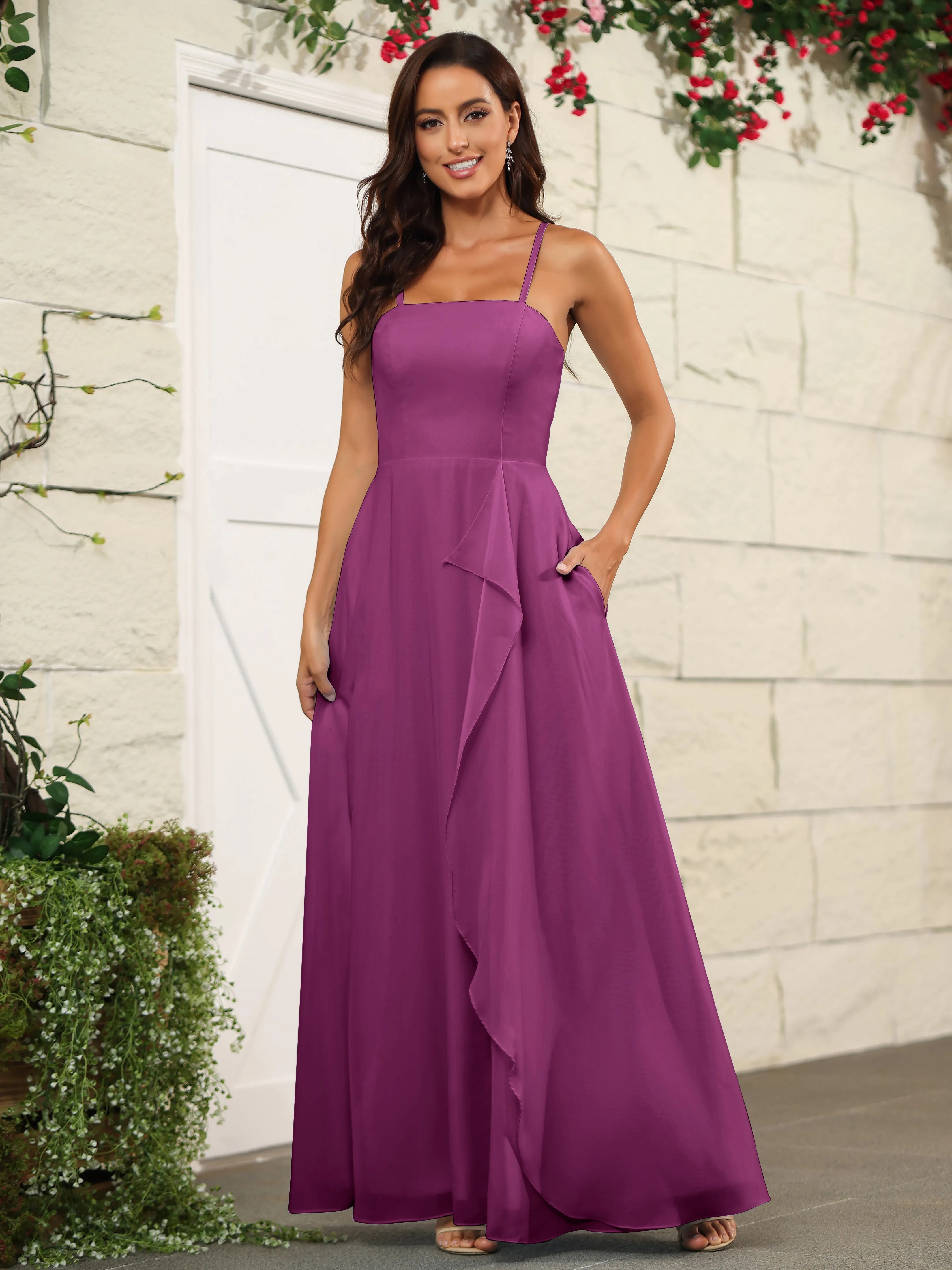 Beautiful Chiffon Spaghetti Straps Bridesmaid Dress with Pockets