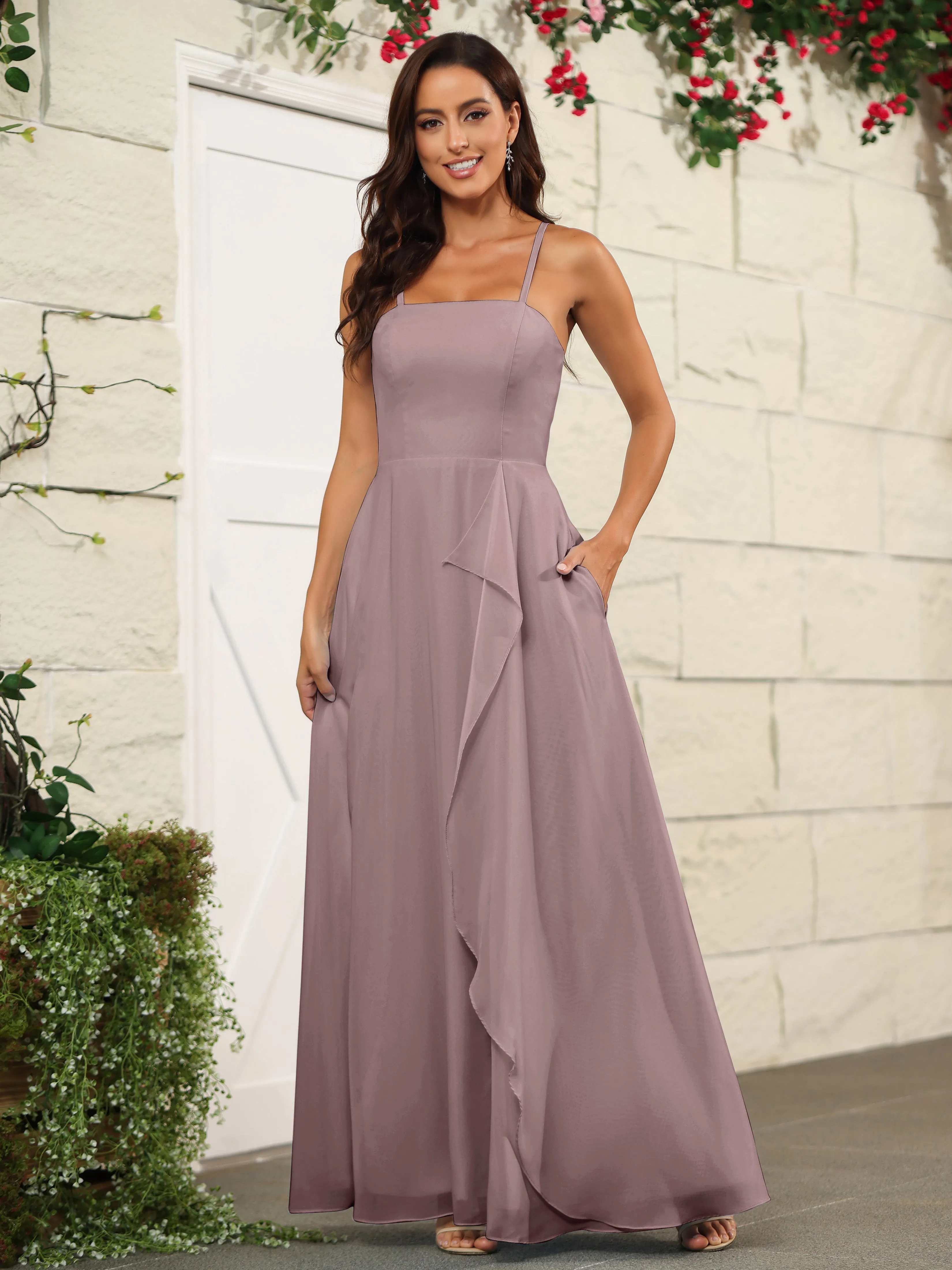Beautiful Chiffon Spaghetti Straps Bridesmaid Dress with Pockets