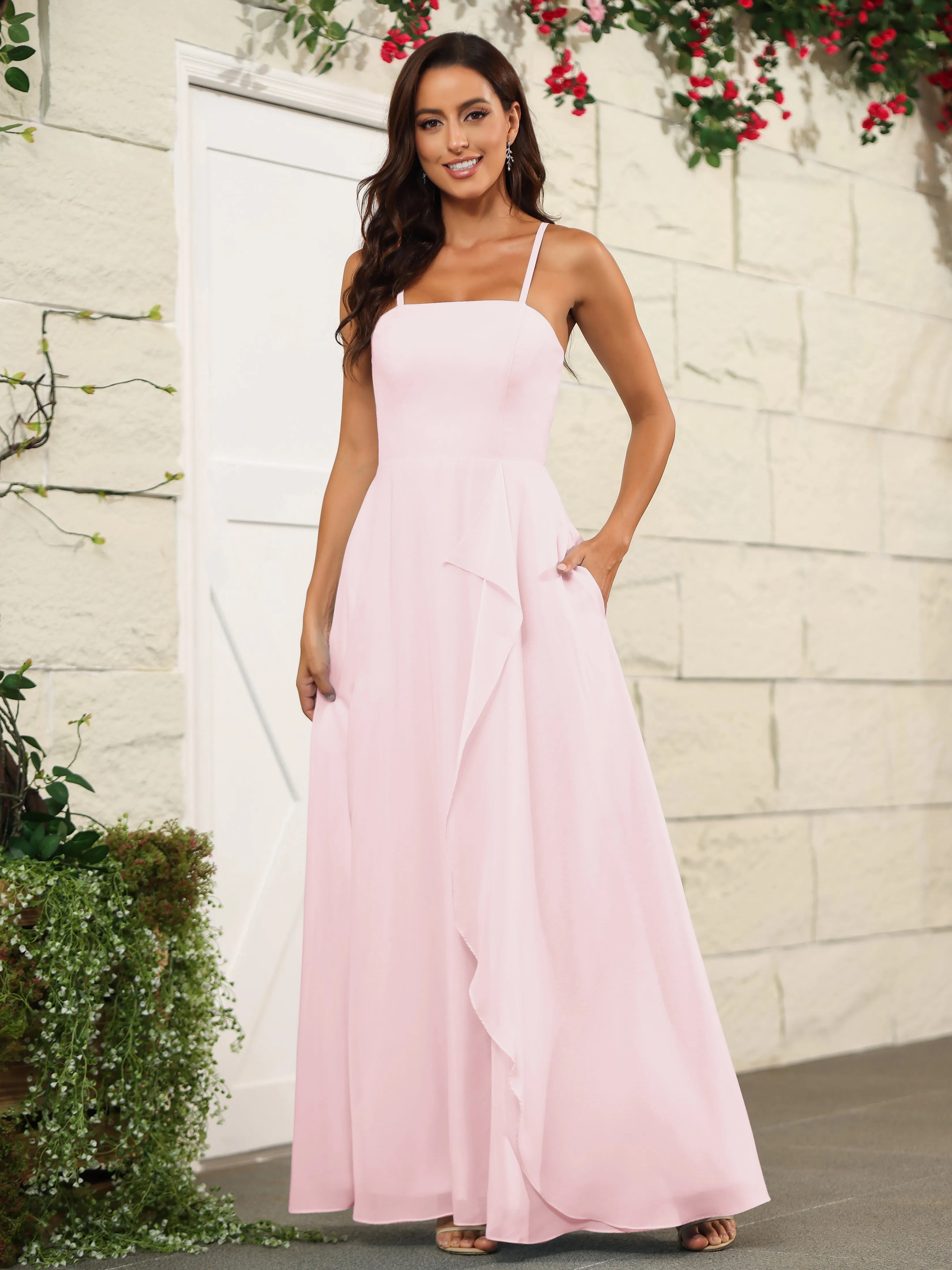 Beautiful Chiffon Spaghetti Straps Bridesmaid Dress with Pockets