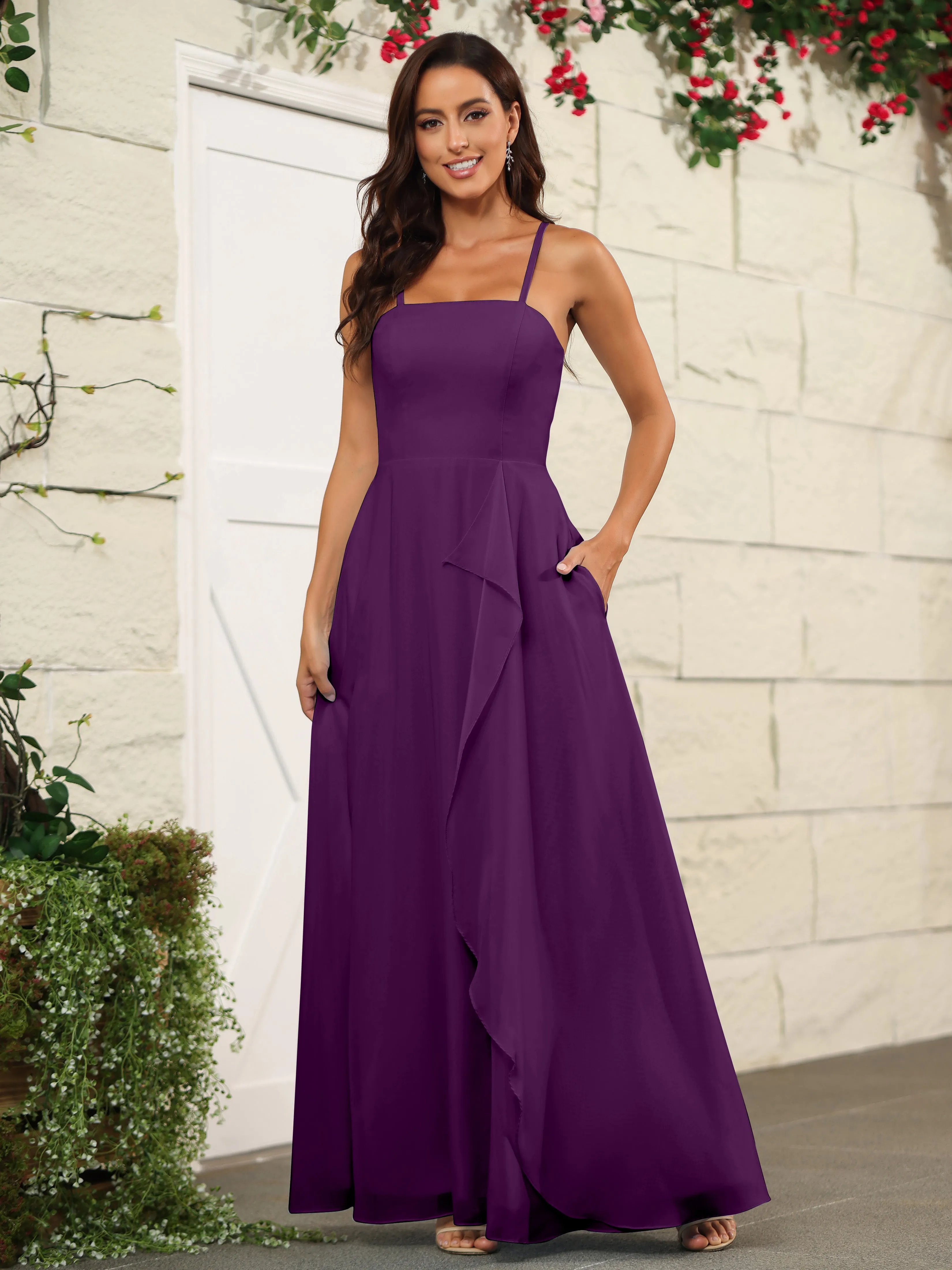 Beautiful Chiffon Spaghetti Straps Bridesmaid Dress with Pockets