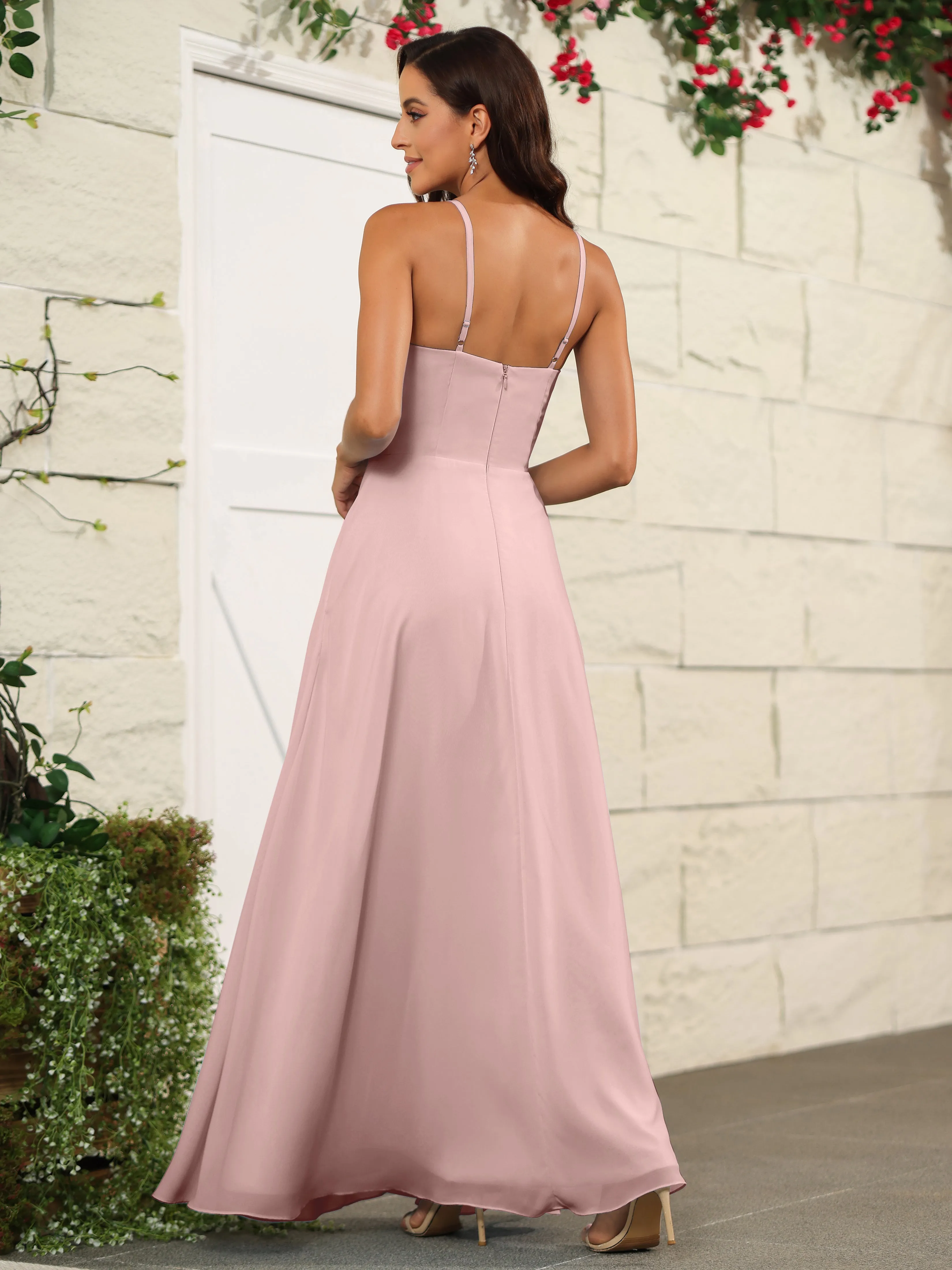 Beautiful Chiffon Spaghetti Straps Bridesmaid Dress with Pockets