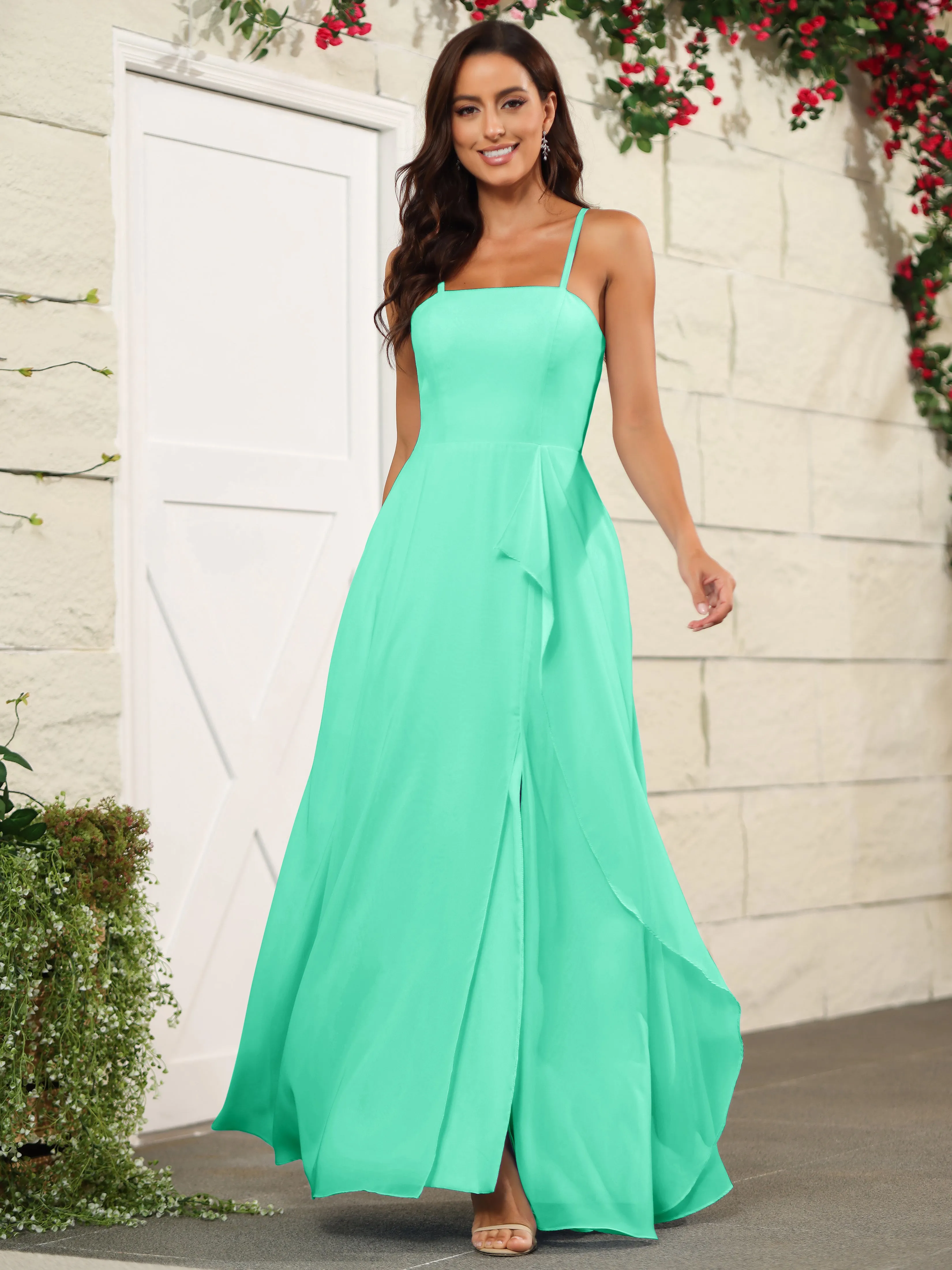 Beautiful Chiffon Spaghetti Straps Bridesmaid Dress with Pockets
