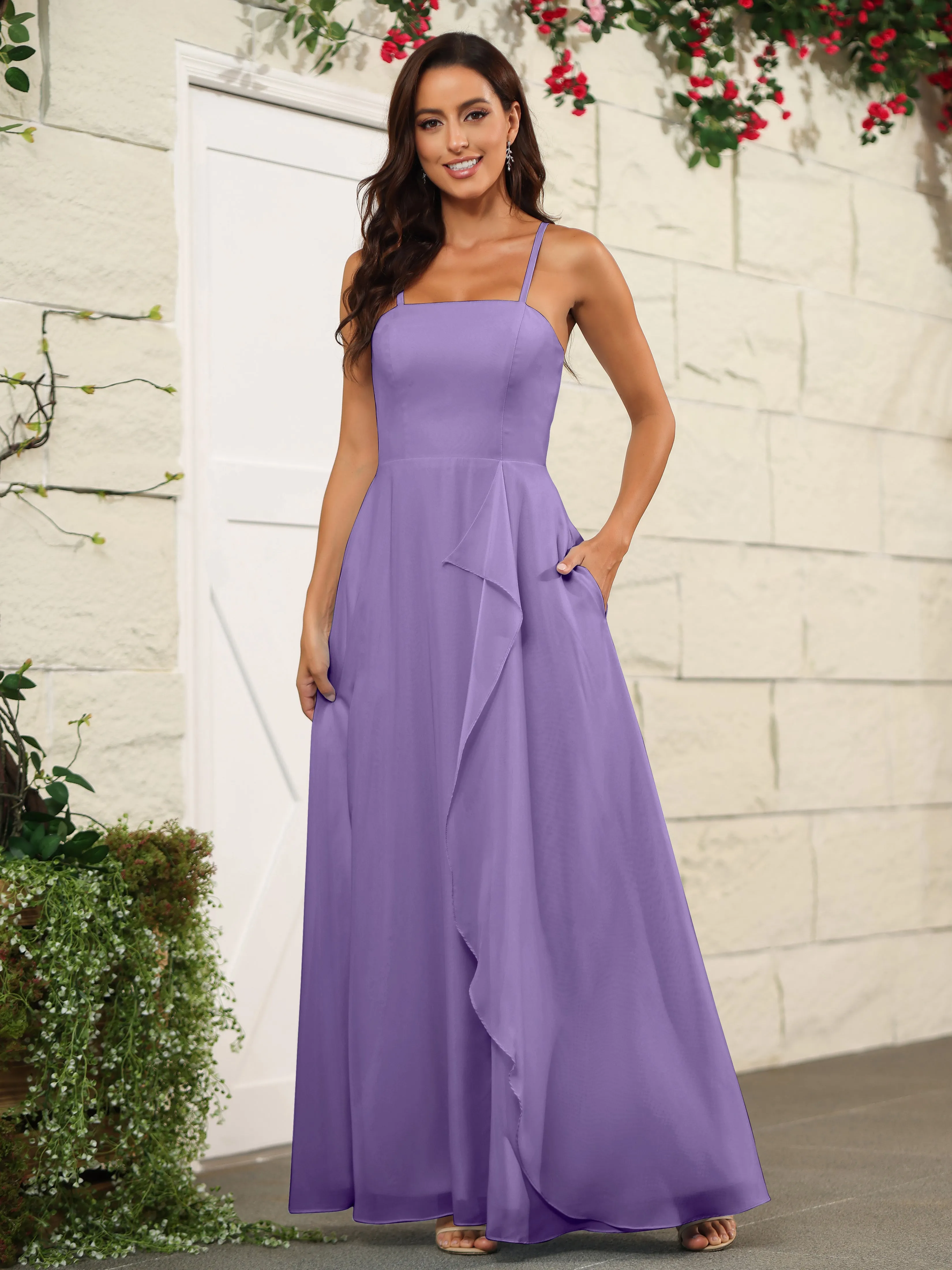 Beautiful Chiffon Spaghetti Straps Bridesmaid Dress with Pockets