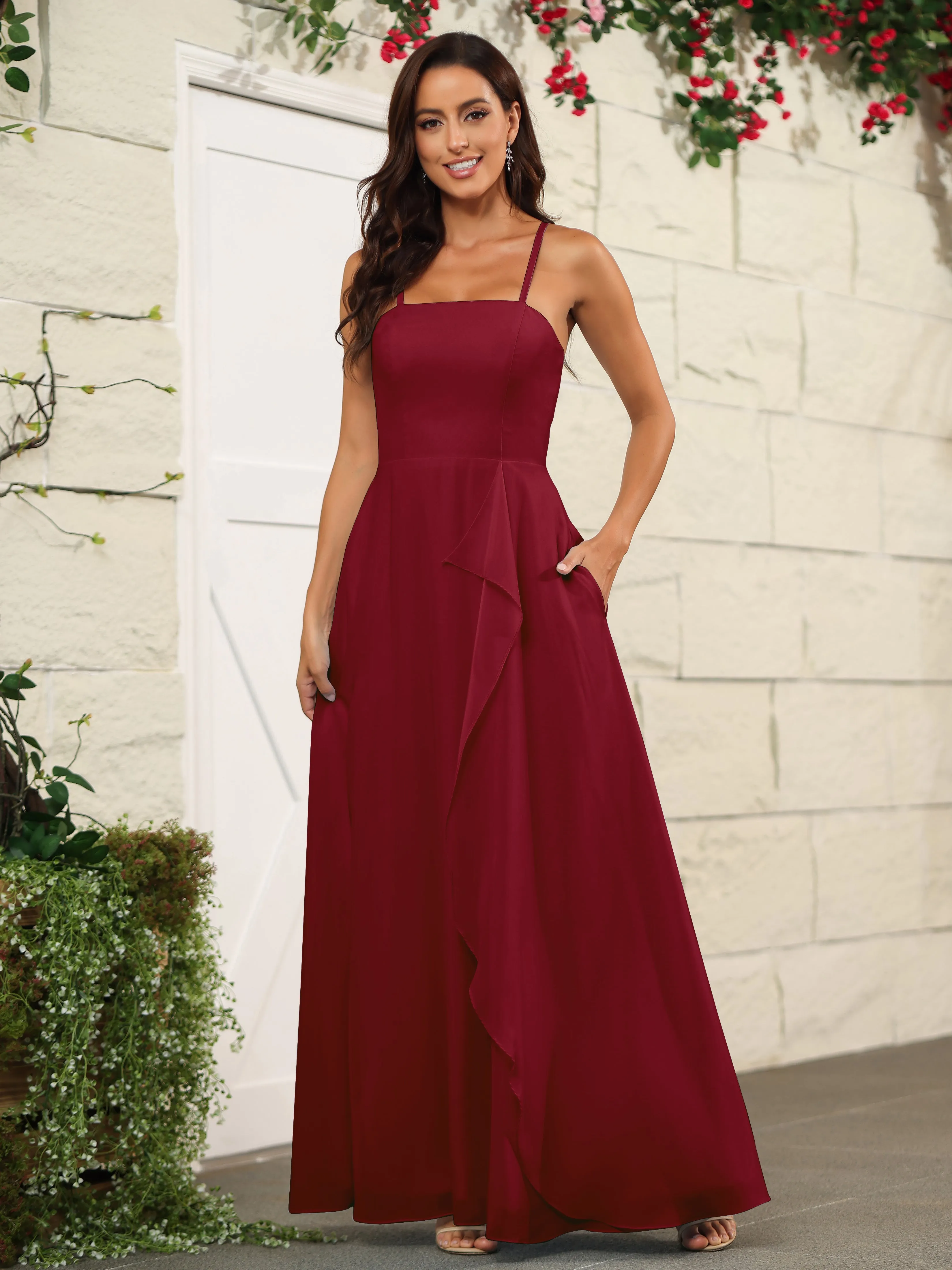 Beautiful Chiffon Spaghetti Straps Bridesmaid Dress with Pockets