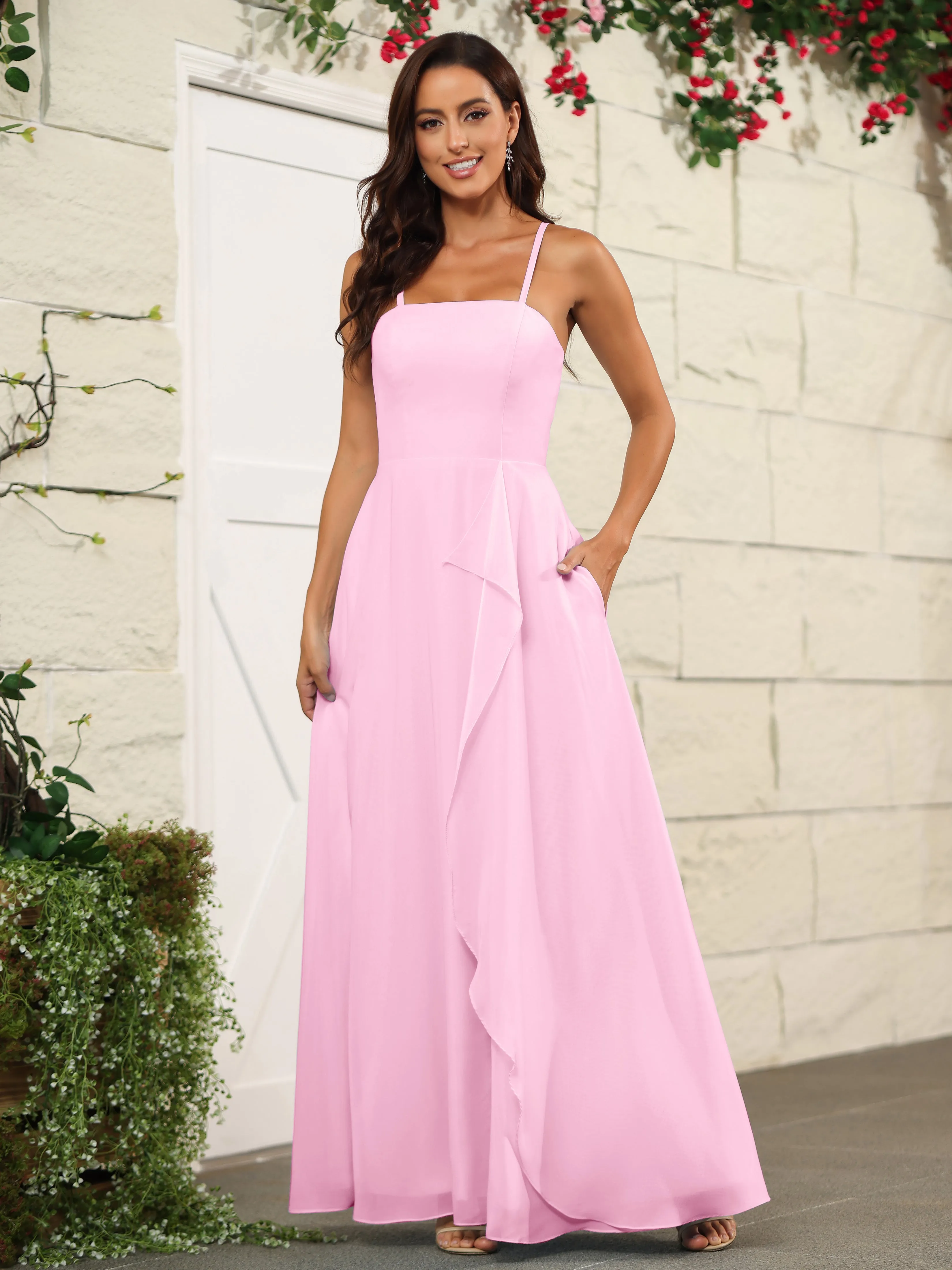 Beautiful Chiffon Spaghetti Straps Bridesmaid Dress with Pockets
