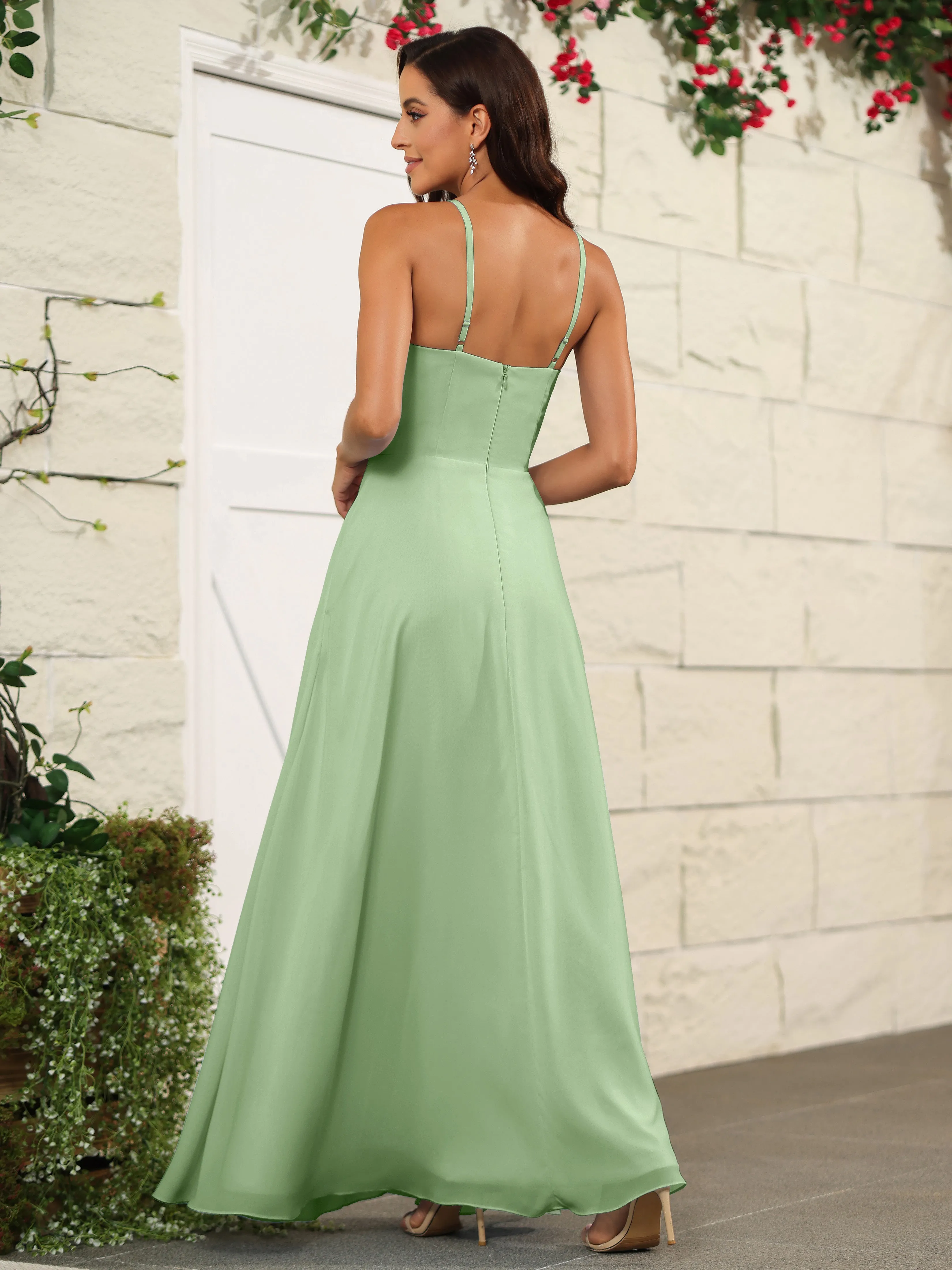 Beautiful Chiffon Spaghetti Straps Bridesmaid Dress with Pockets