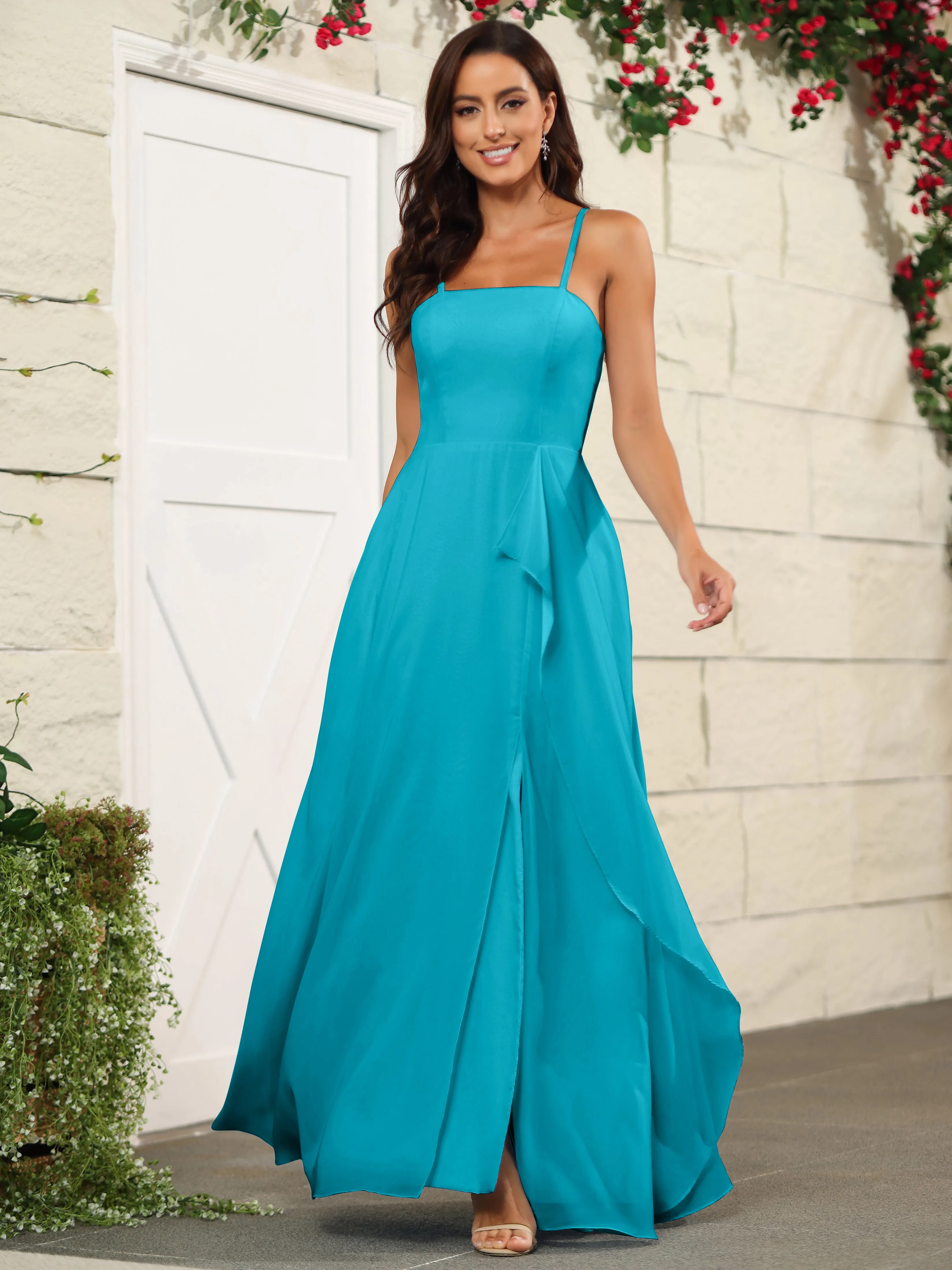 Beautiful Chiffon Spaghetti Straps Bridesmaid Dress with Pockets