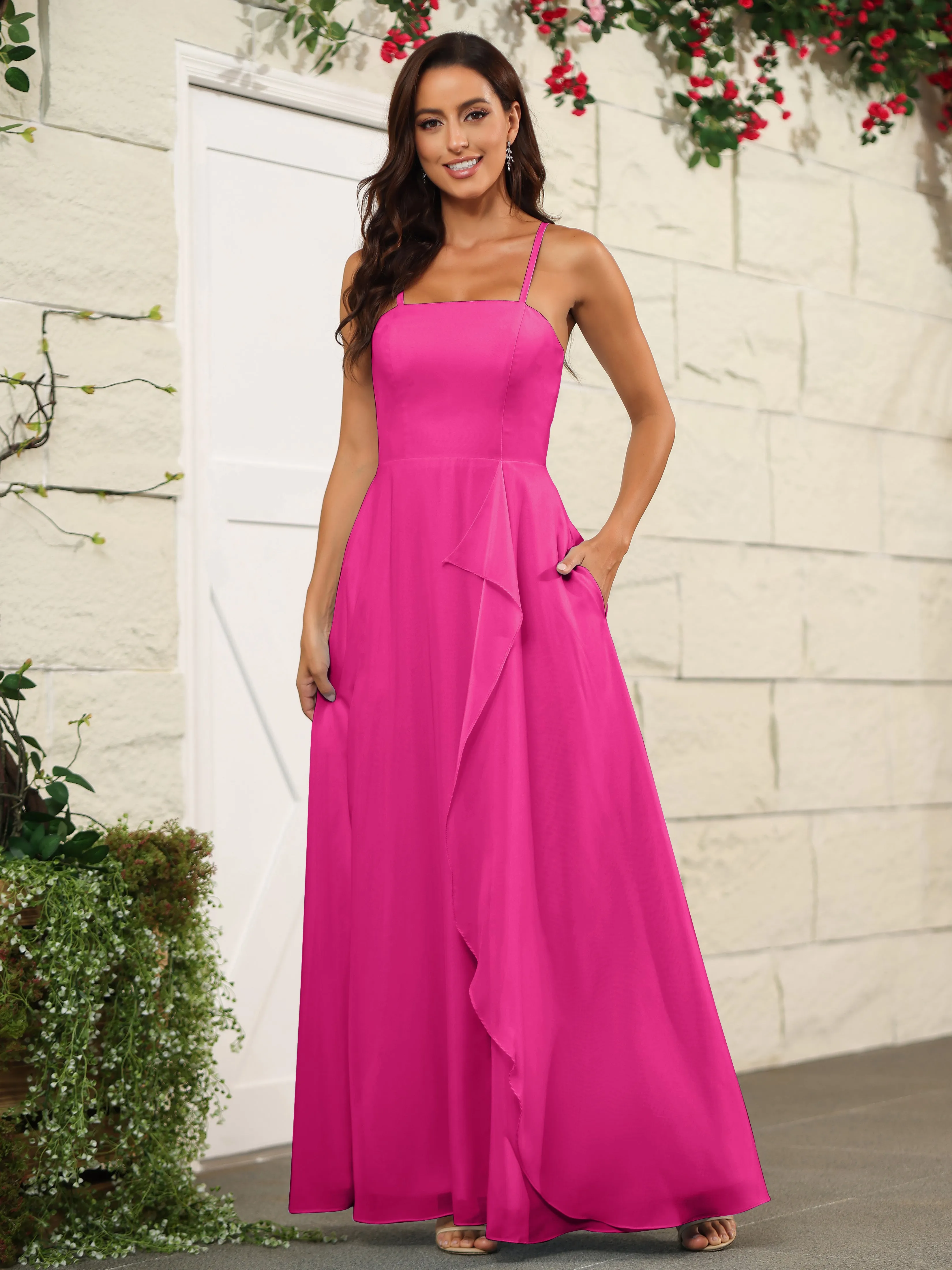 Beautiful Chiffon Spaghetti Straps Bridesmaid Dress with Pockets