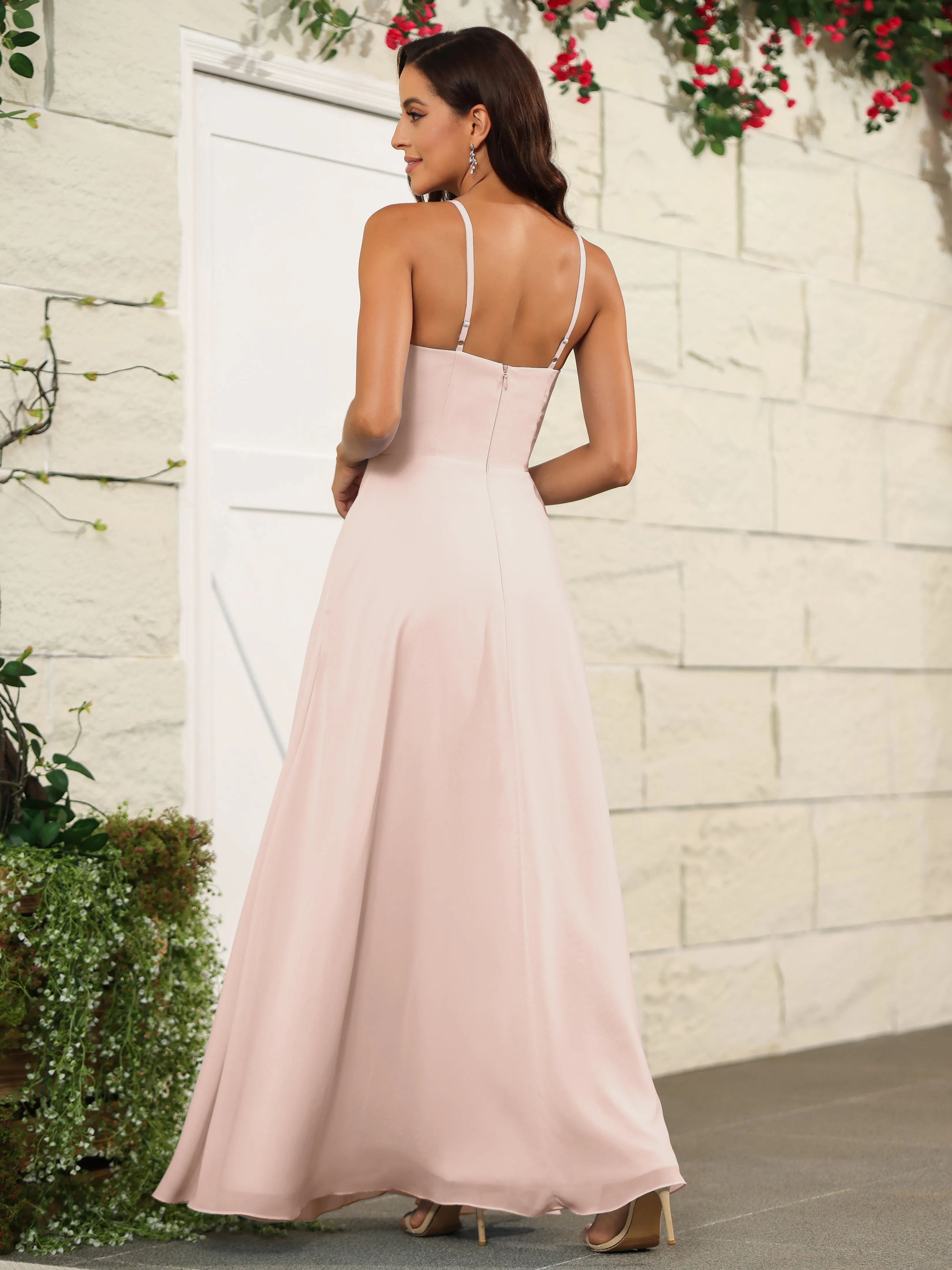 Beautiful Chiffon Spaghetti Straps Bridesmaid Dress with Pockets