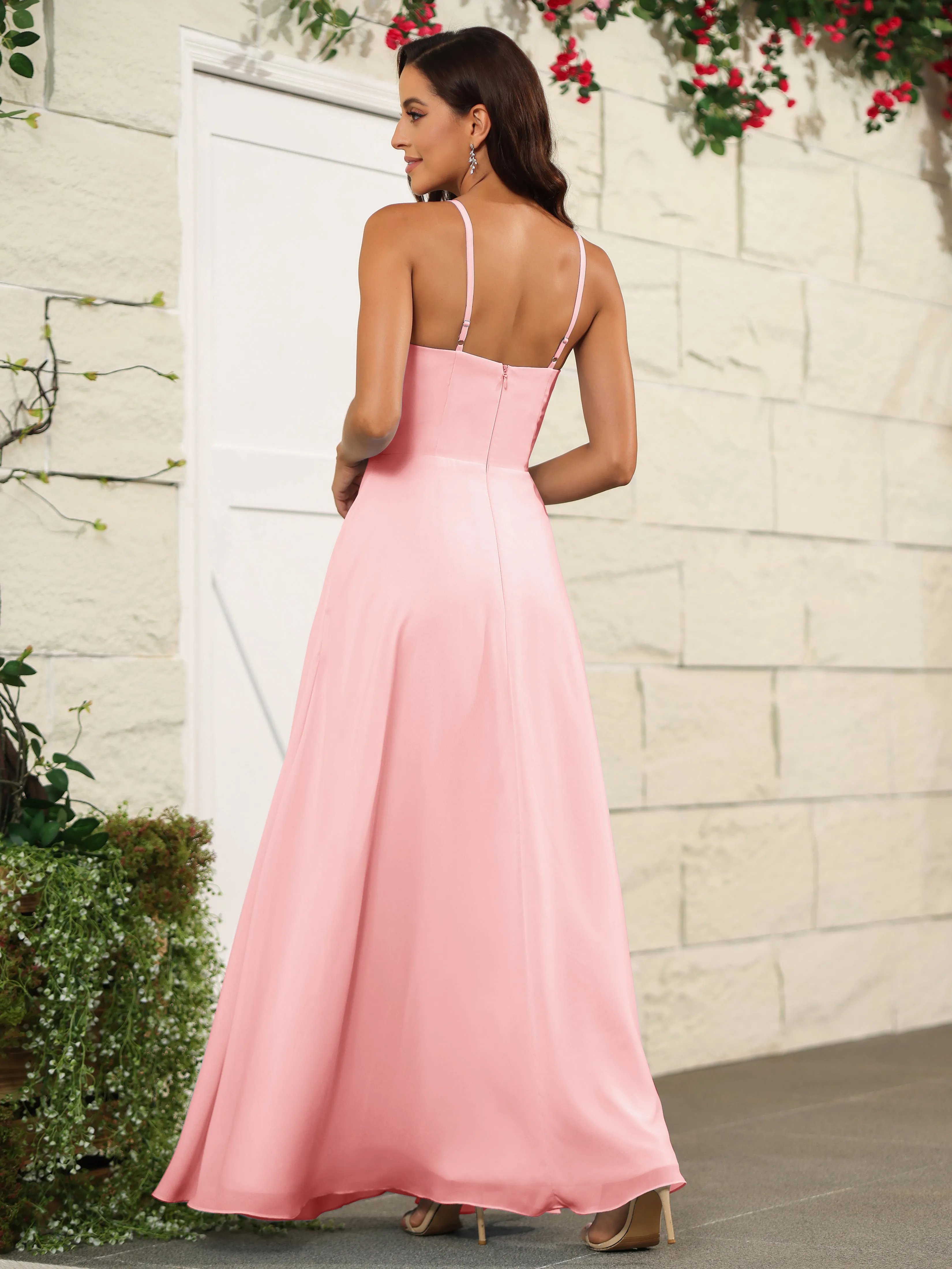Beautiful Chiffon Spaghetti Straps Bridesmaid Dress with Pockets