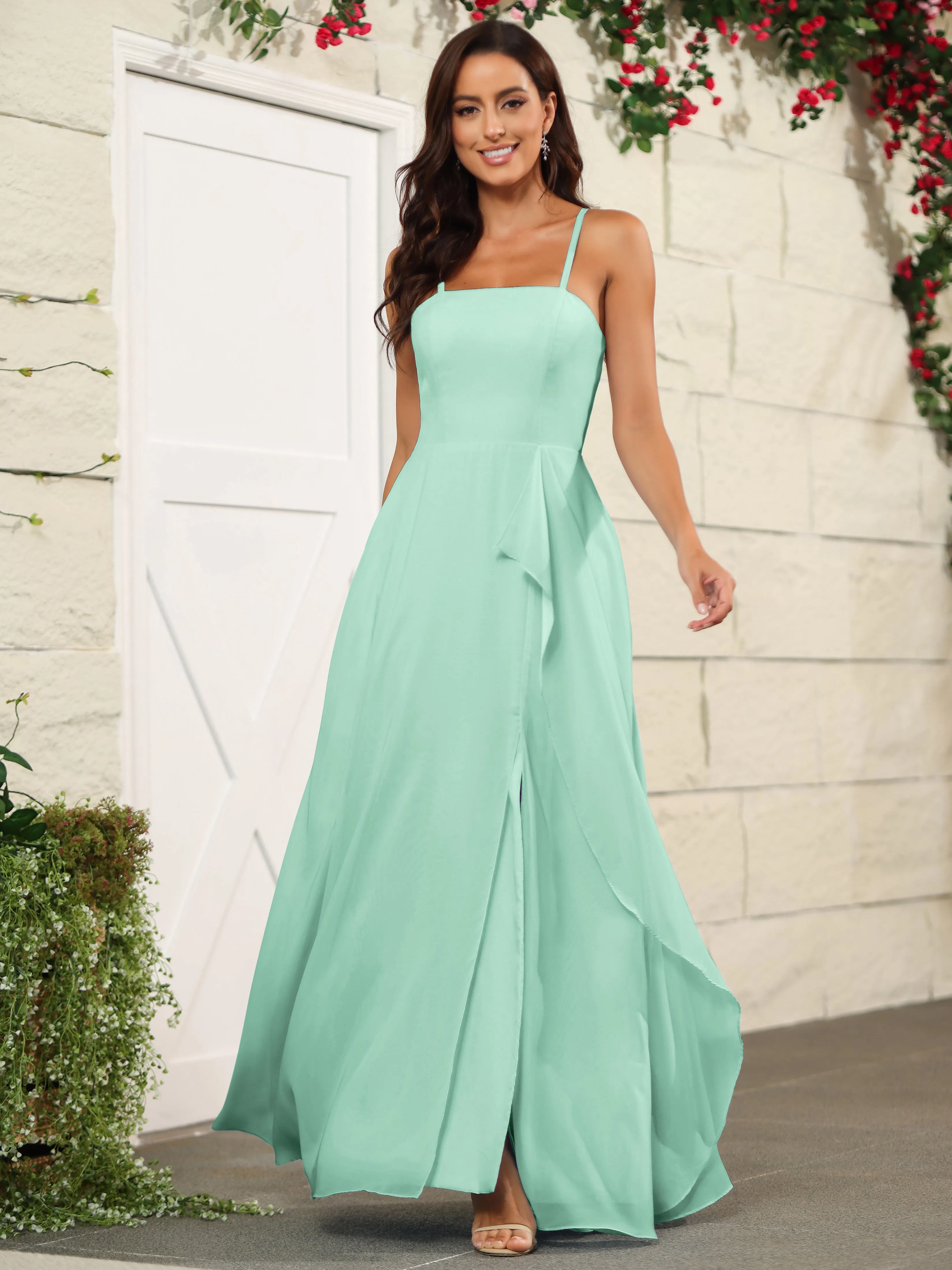 Beautiful Chiffon Spaghetti Straps Bridesmaid Dress with Pockets