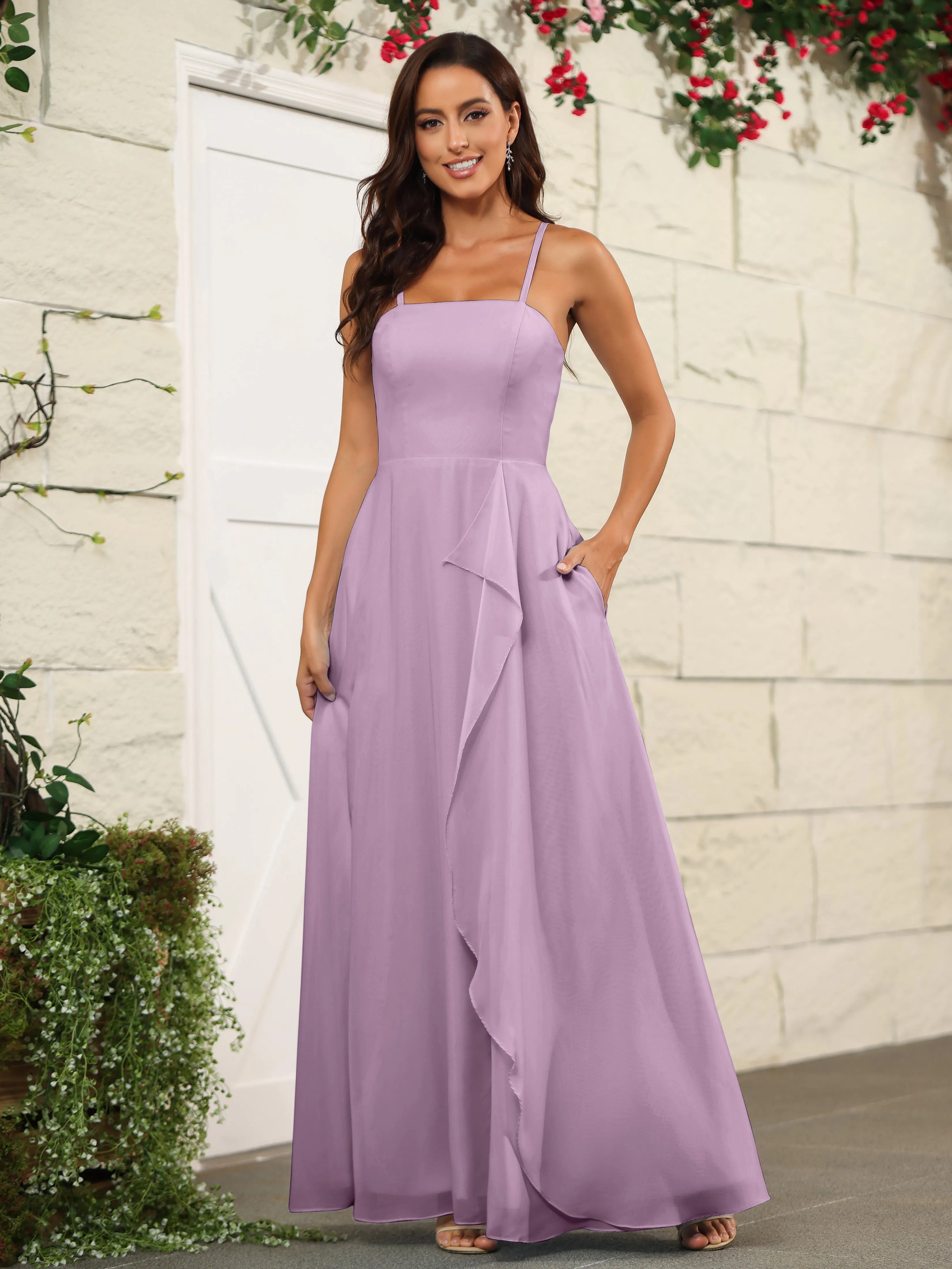 Beautiful Chiffon Spaghetti Straps Bridesmaid Dress with Pockets