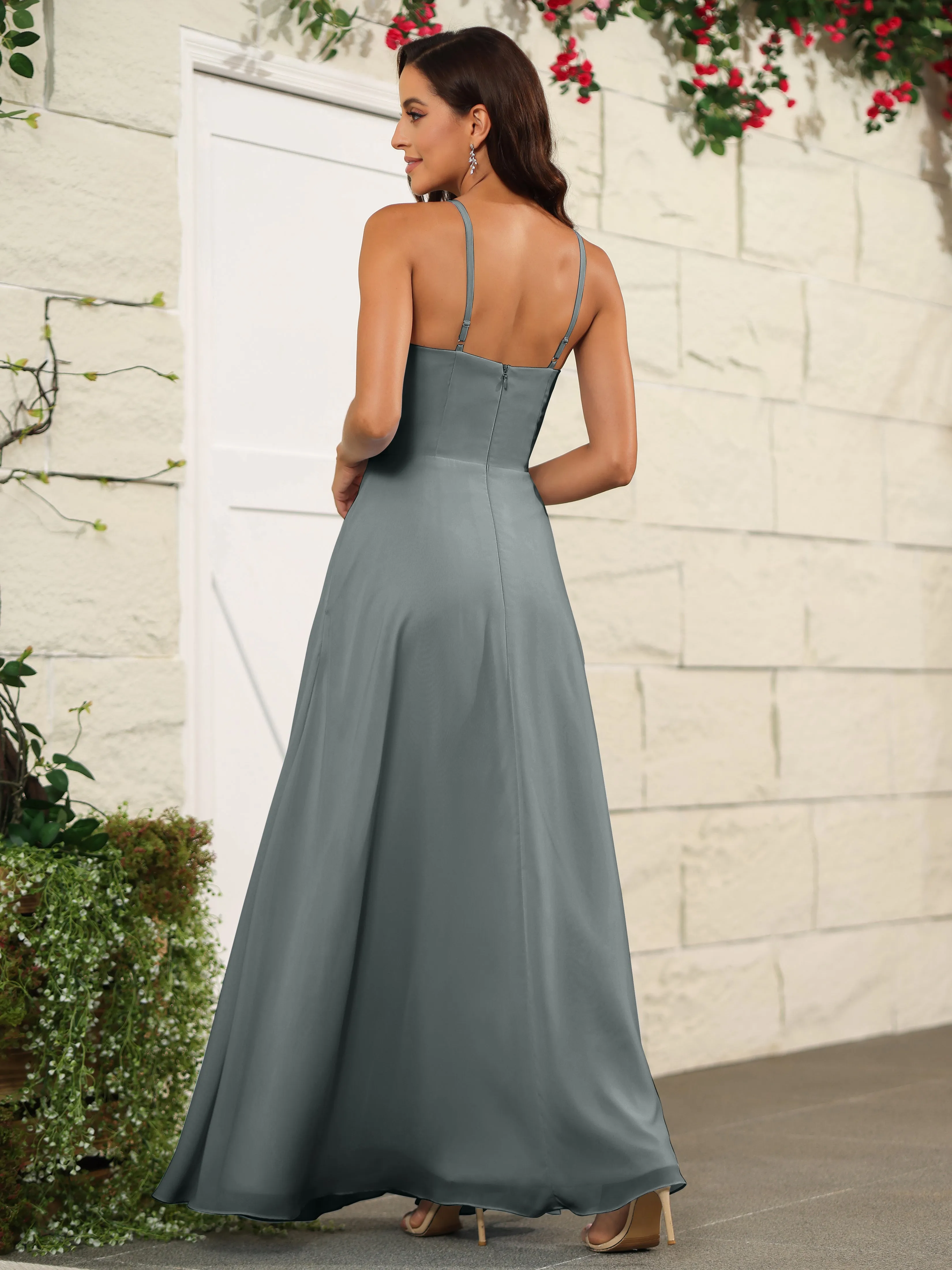 Beautiful Chiffon Spaghetti Straps Bridesmaid Dress with Pockets