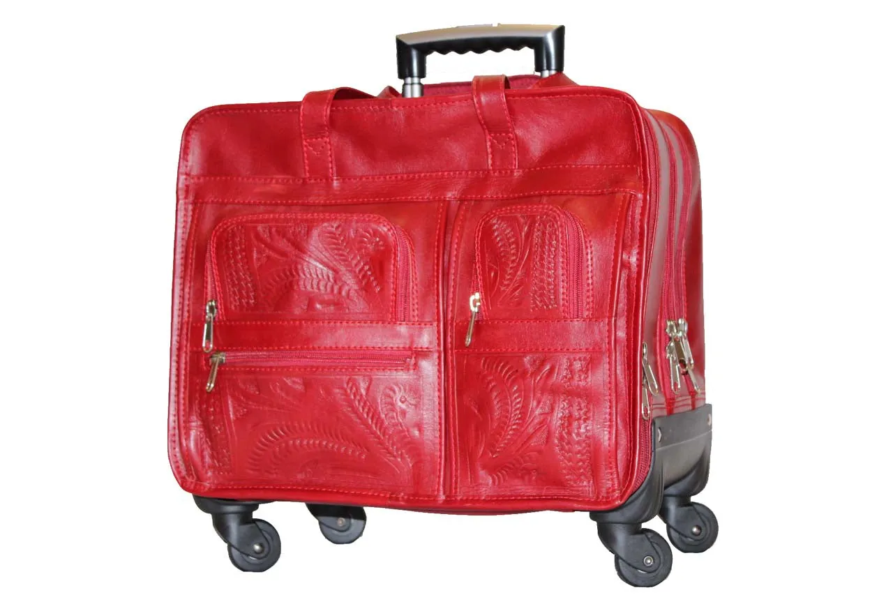 Briefcase, Roller in Hand Tooled Leather, Four Wheels, Multi Colors - 4824