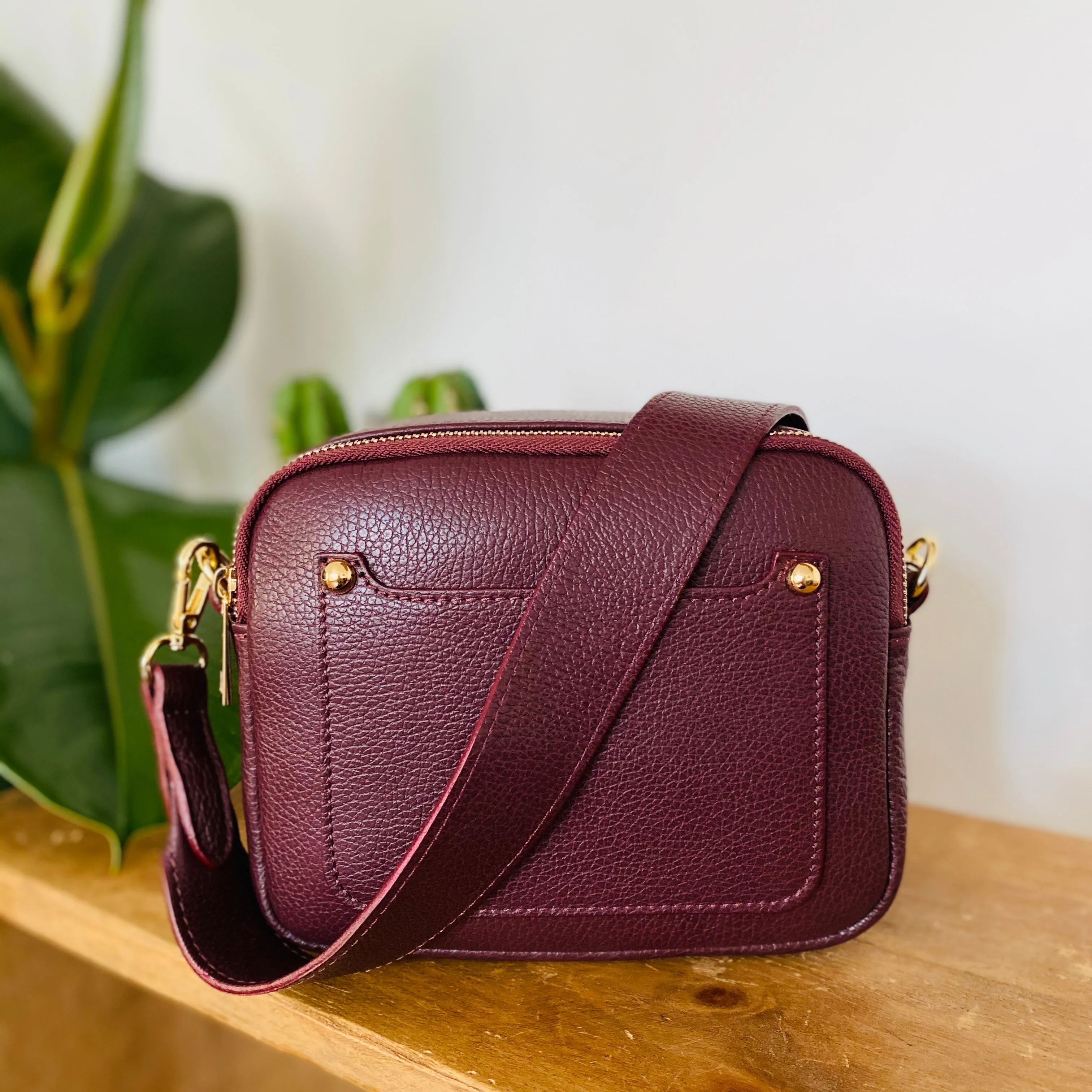 Burgundy Leather Double Zip Cross Body Bag