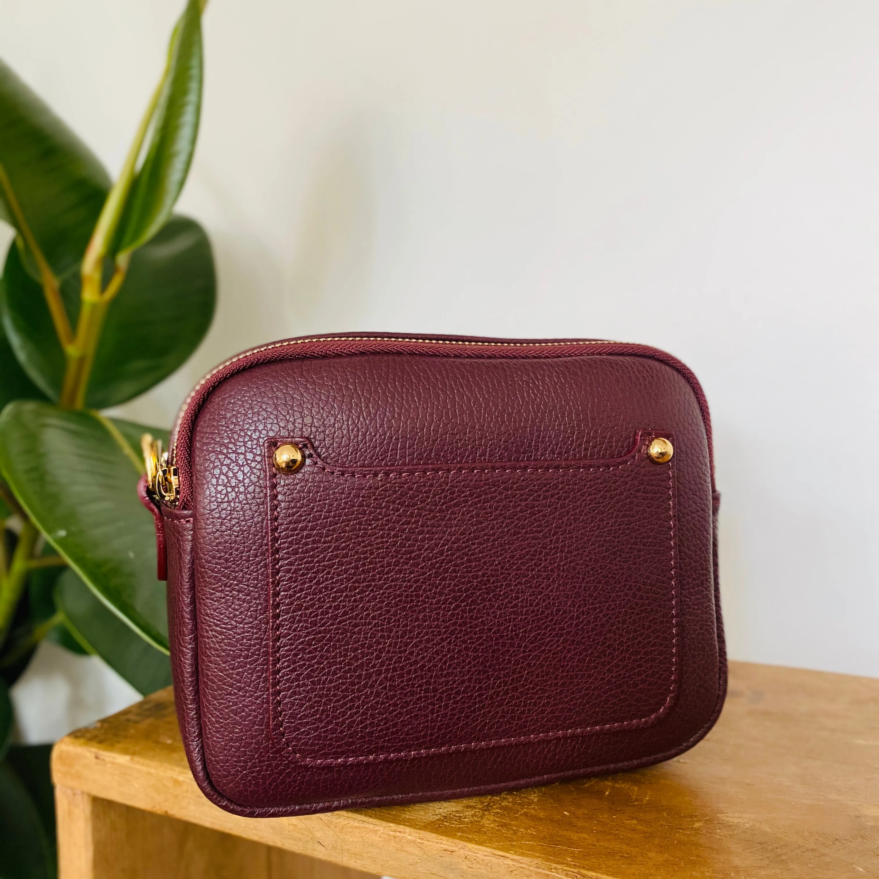 Burgundy Leather Double Zip Cross Body Bag