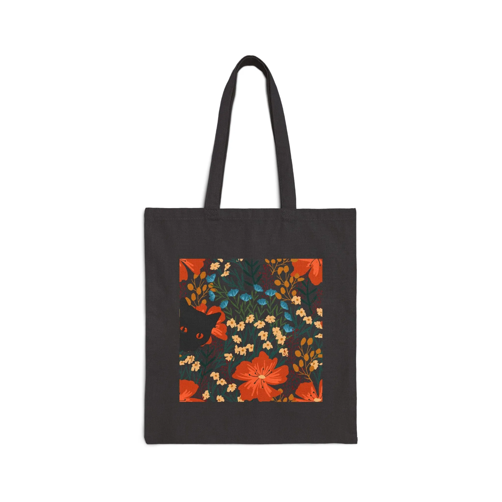 Canvas Tote Bag - Black Cat Floral Background