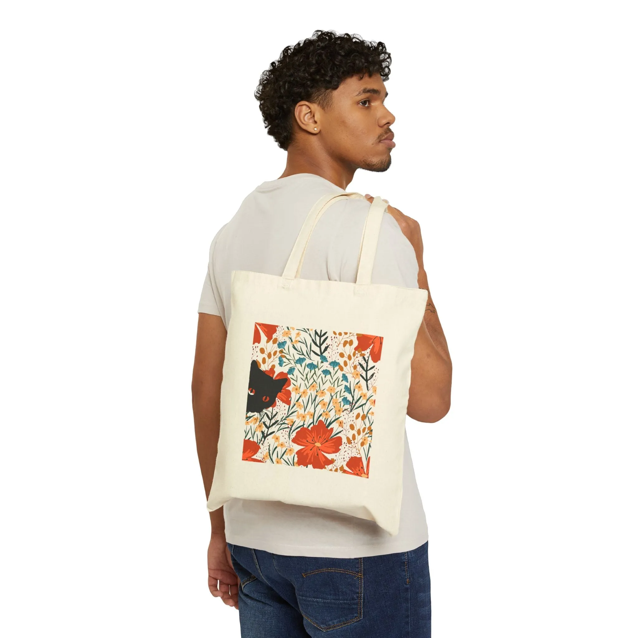 Canvas Tote Bag - Black Cat Floral Background
