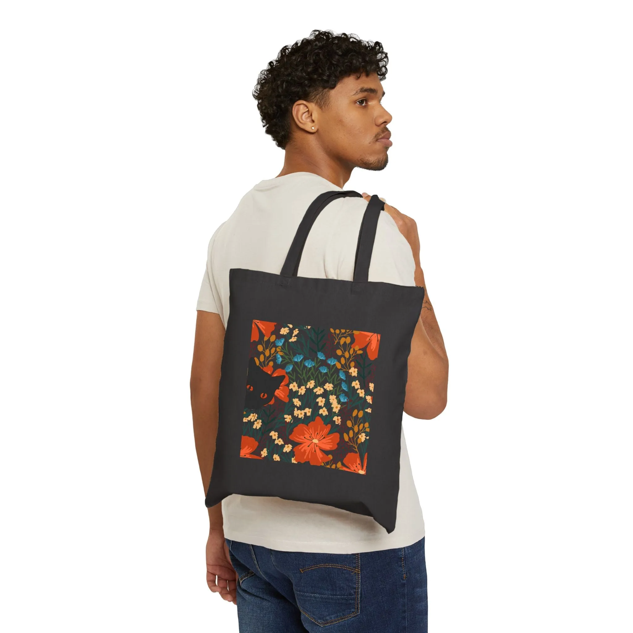 Canvas Tote Bag - Black Cat Floral Background