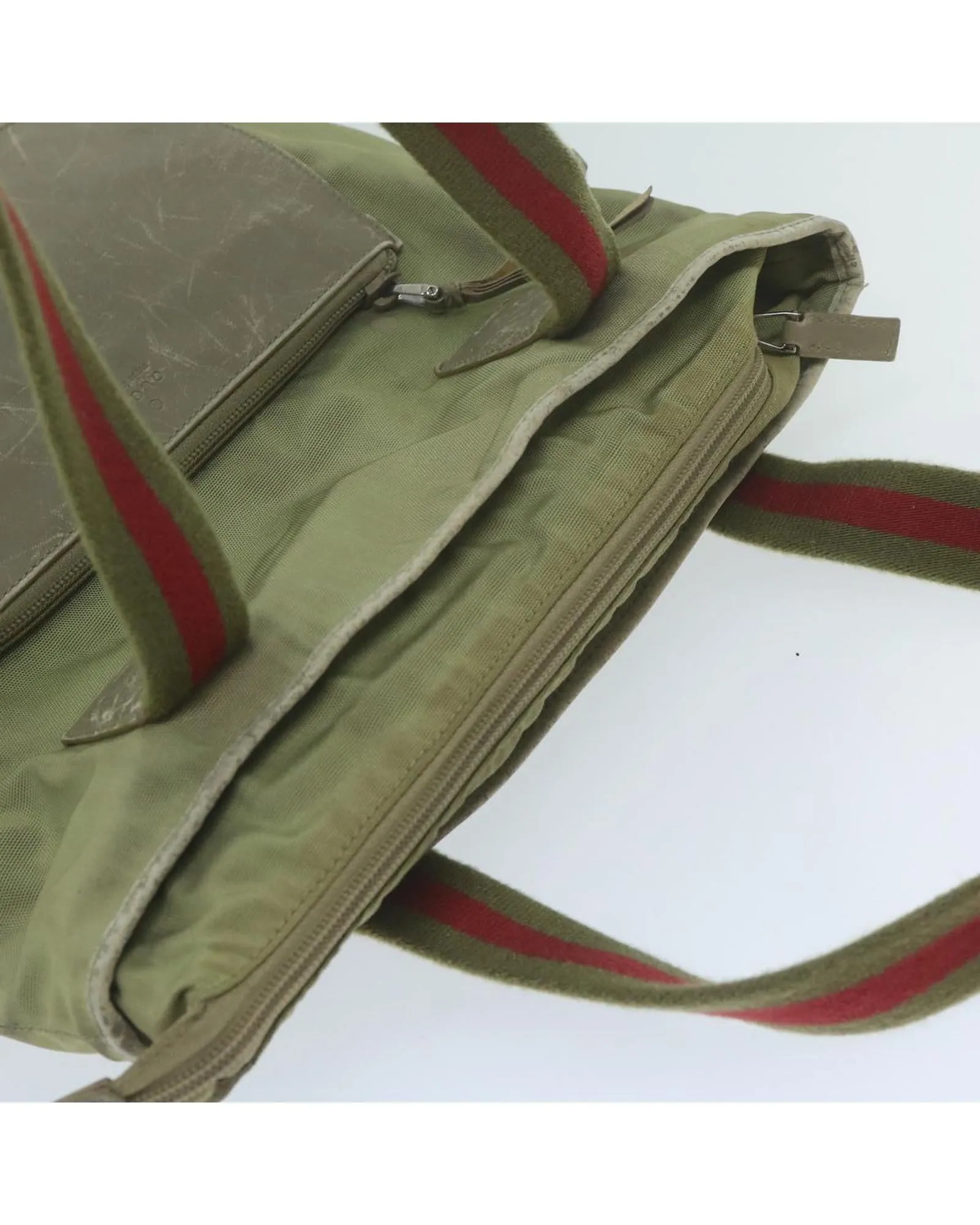 Canvas Tote Bag Green Leather Detail
